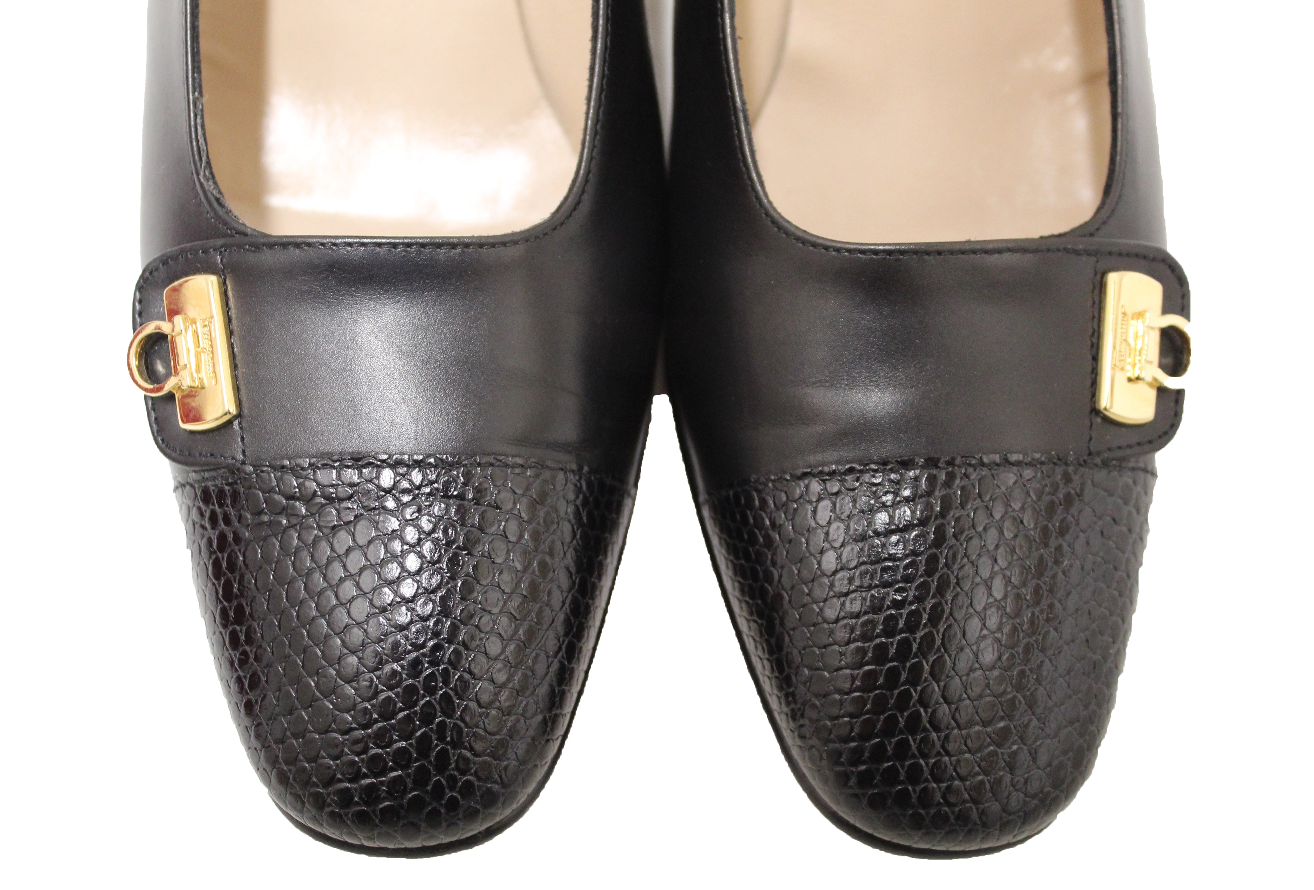 Authentic Salvatore Ferragamo Black Calfskin Leather with Black Lizard Leather Pumps Size 5.5B