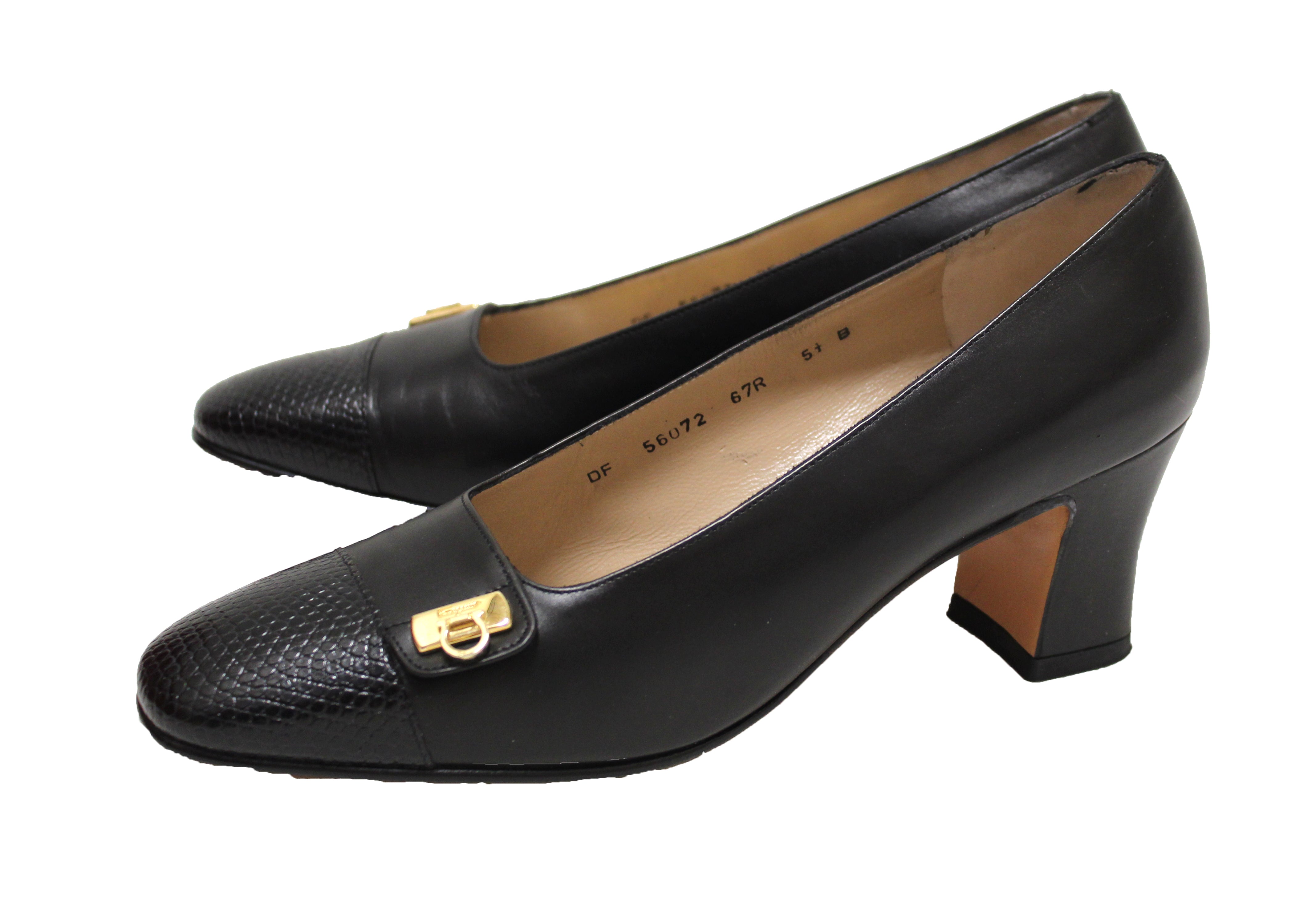 Authentic Salvatore Ferragamo Black Calfskin Leather with Black Lizard Leather Pumps Size 5.5B