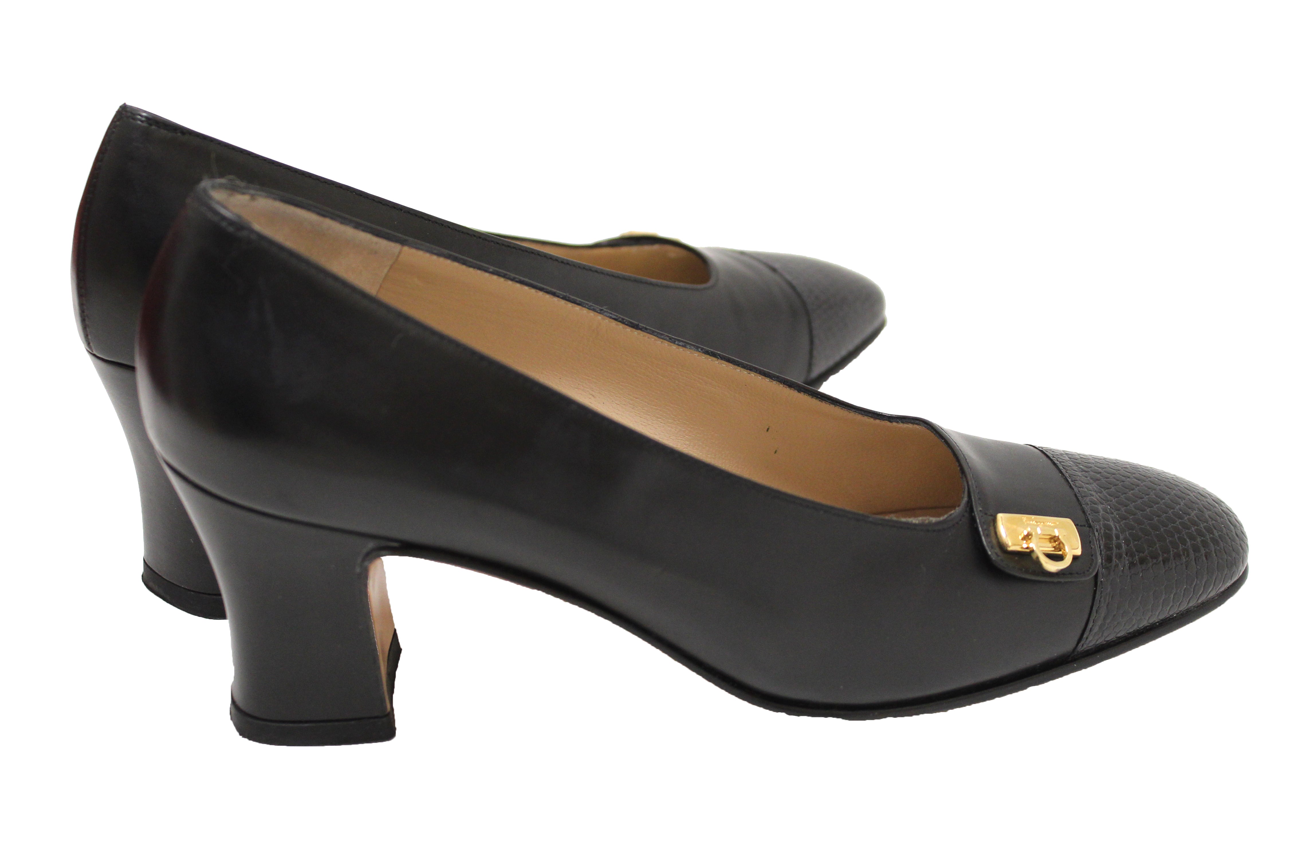 Authentic Salvatore Ferragamo Black Calfskin Leather with Black Lizard Leather Pumps Size 5.5B