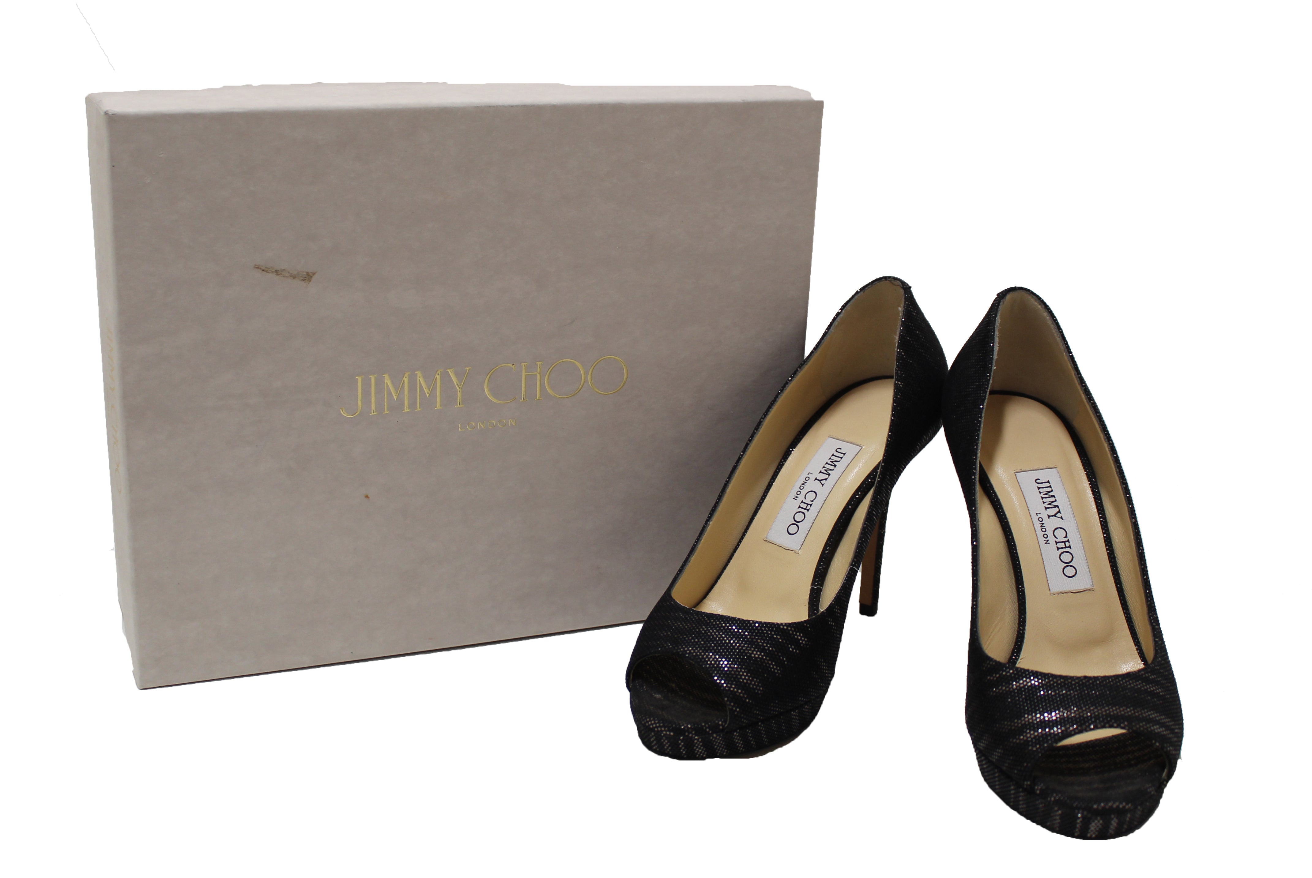 Authentic New Jimmy Choo Black/Gold Canvas Open Toe Pumps Shoes Size 37