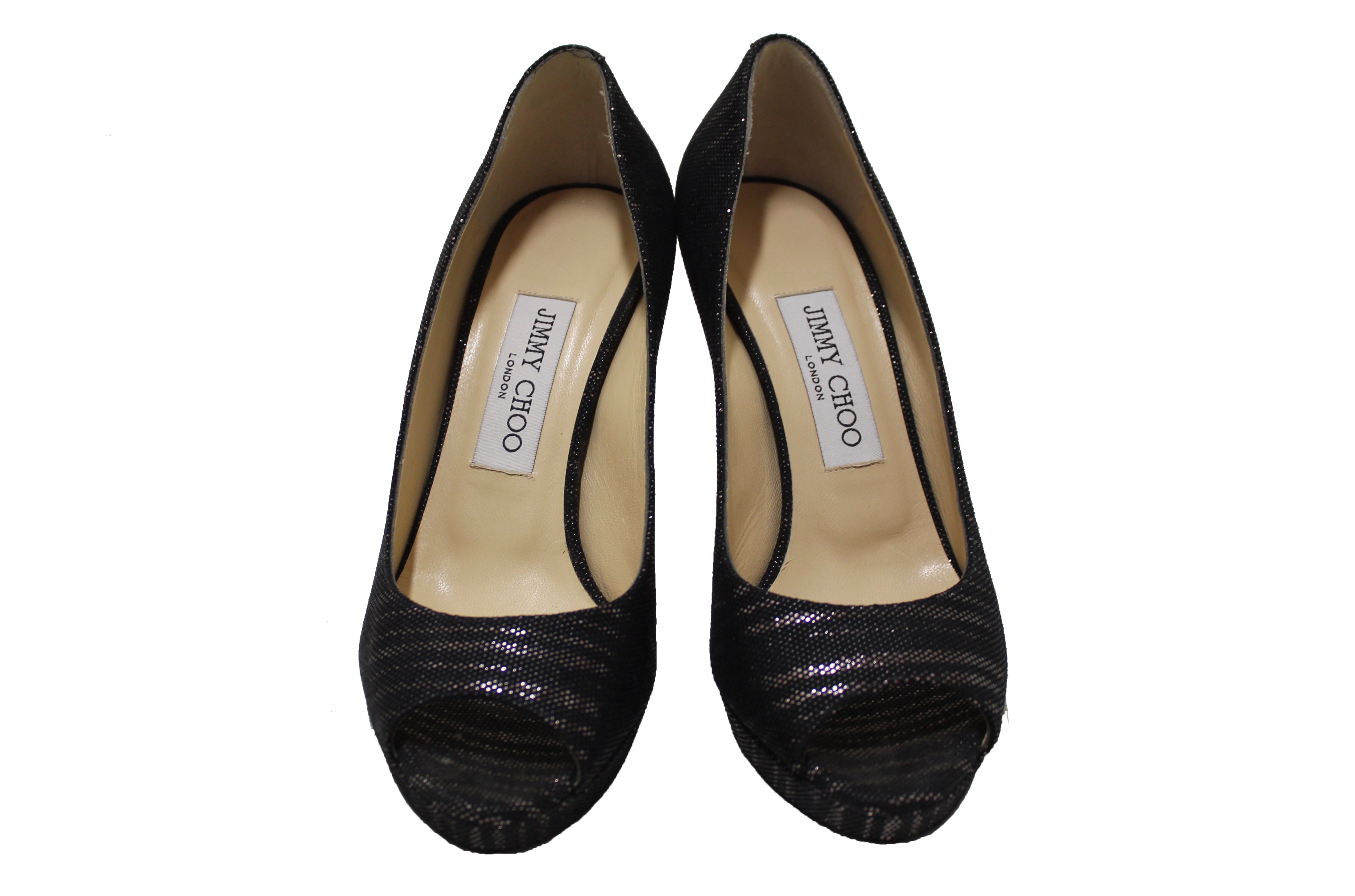 Authentic New Jimmy Choo Black/Gold Canvas Open Toe Pumps Shoes Size 37