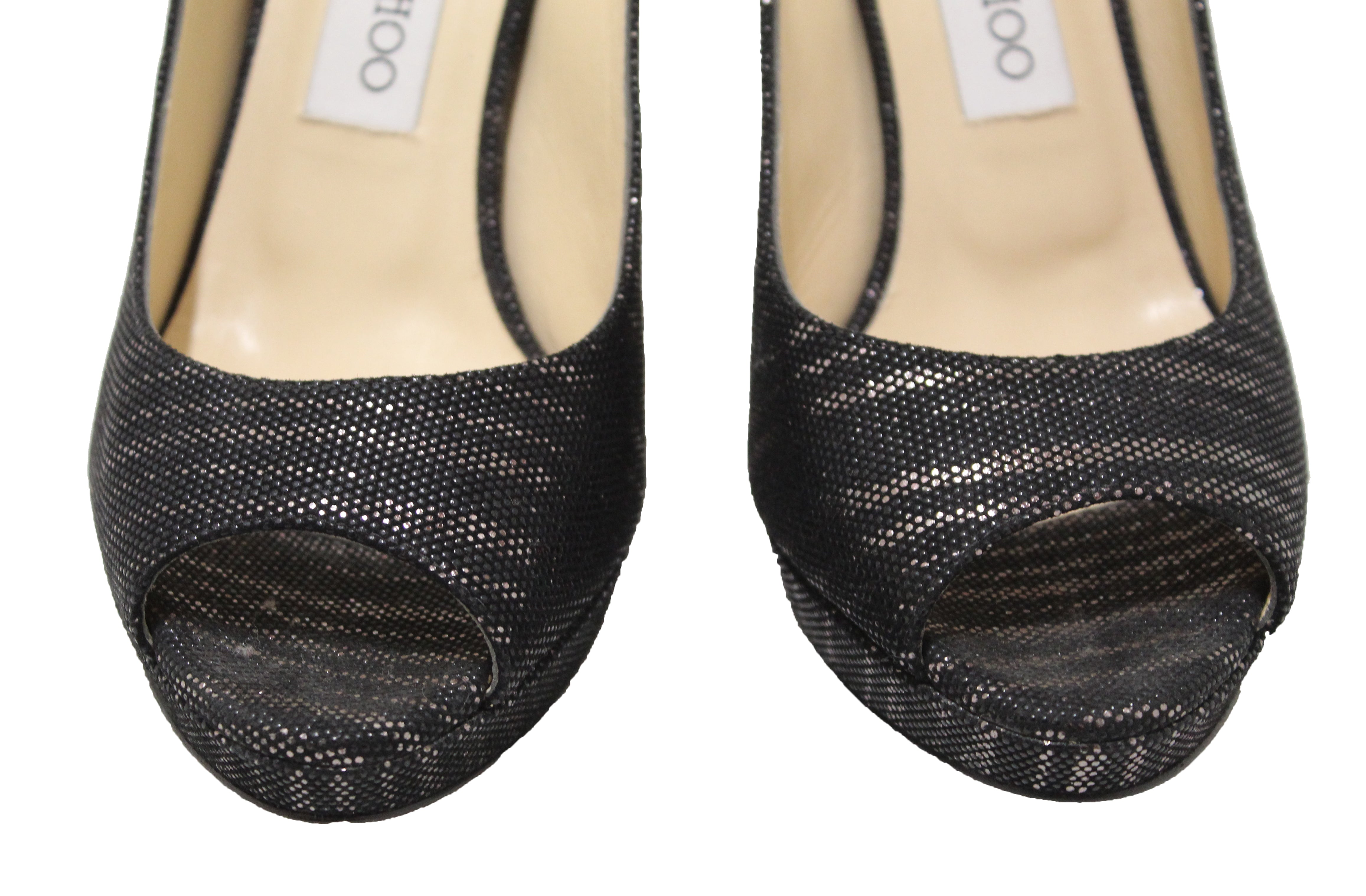 Authentic New Jimmy Choo Black/Gold Canvas Open Toe Pumps Shoes Size 37