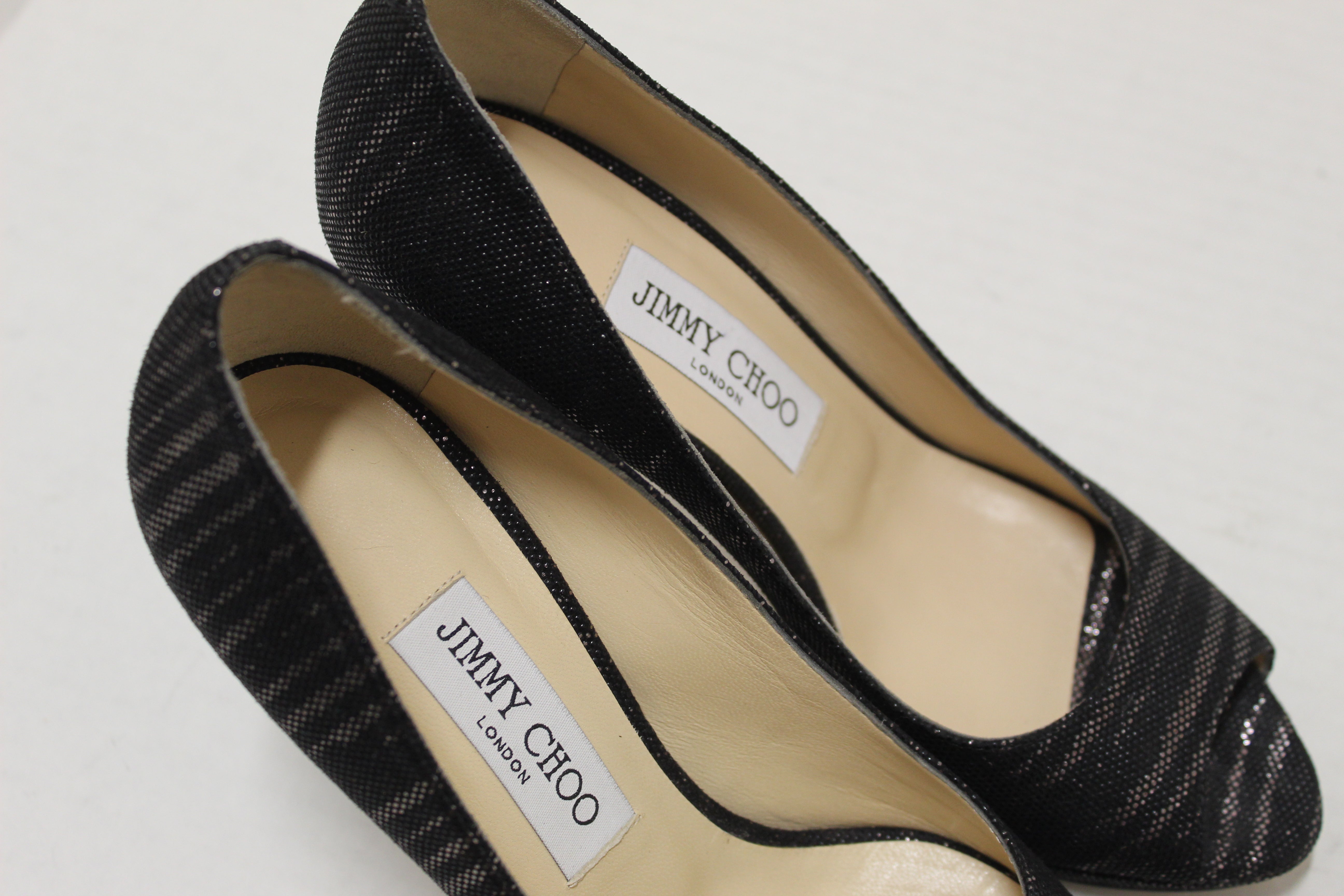 Authentic New Jimmy Choo Black/Gold Canvas Open Toe Pumps Shoes Size 37