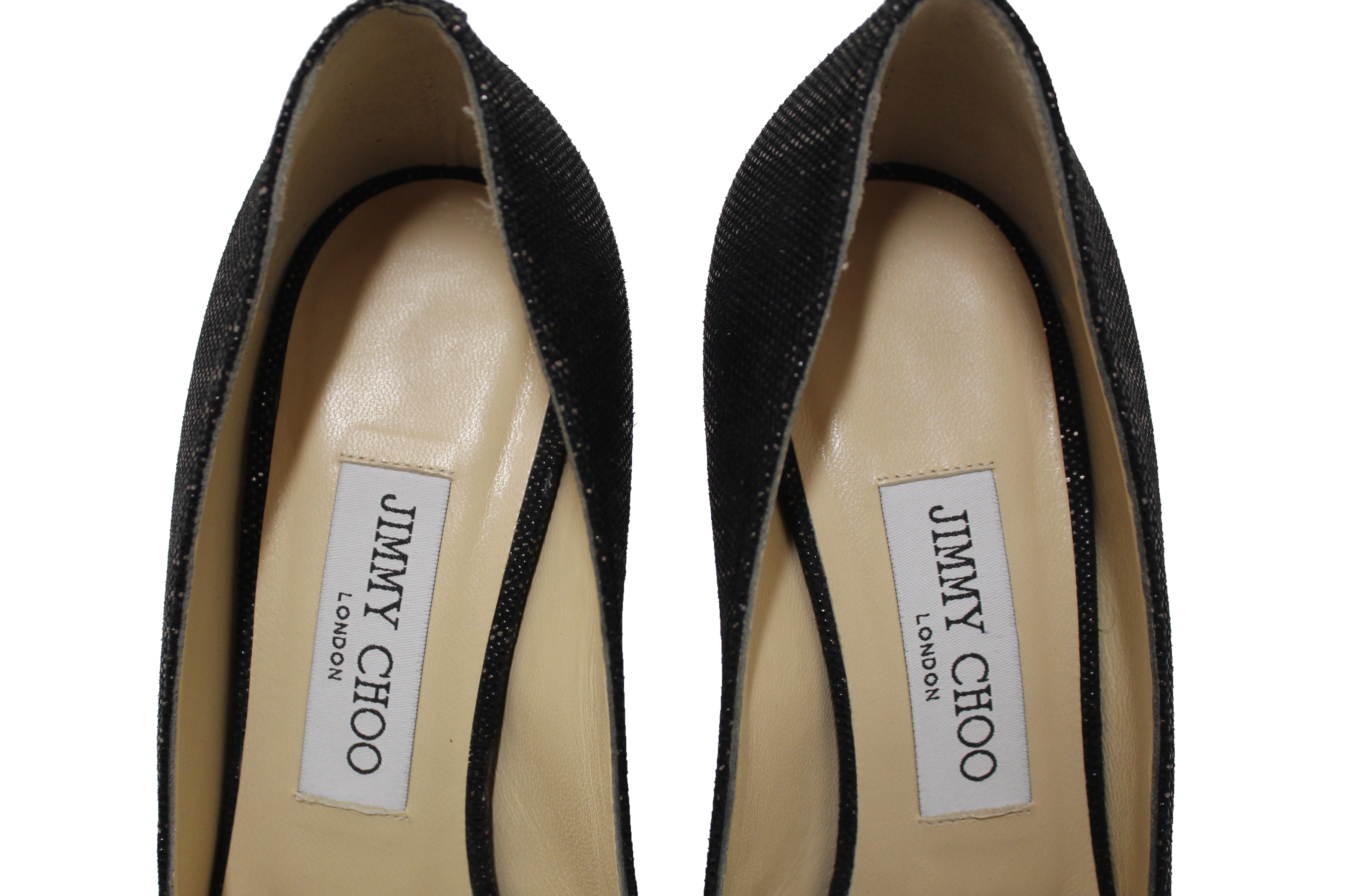 Authentic New Jimmy Choo Black/Gold Canvas Open Toe Pumps Shoes Size 37