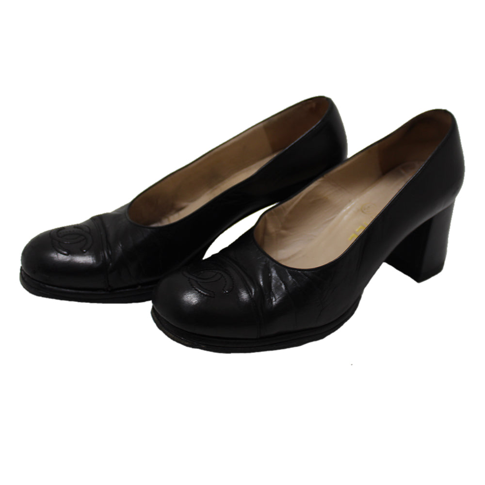Authentic Chanel Black Leather Classic Cap Toe Heels Pumps Shoes Size 38