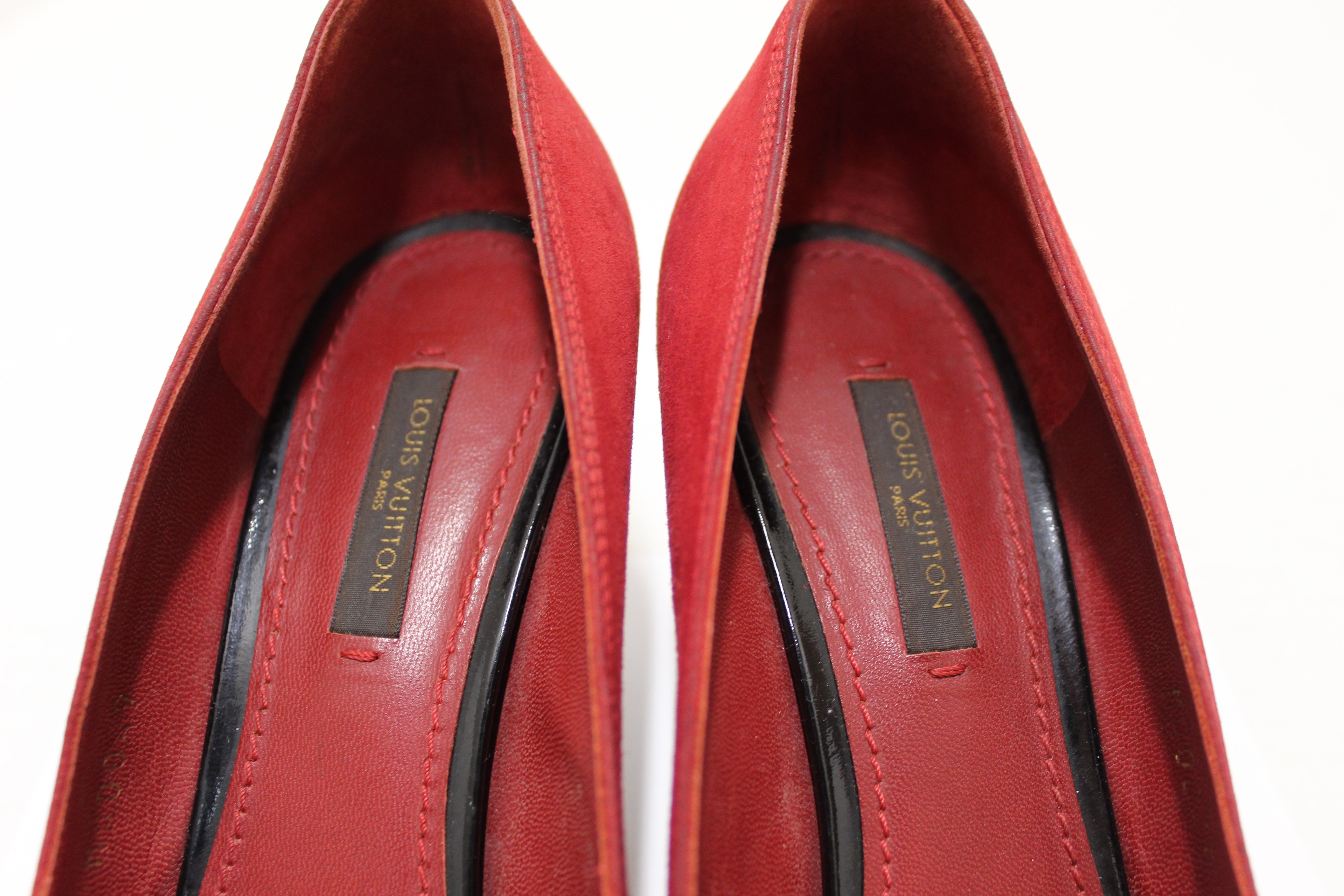 Authentic Louis Vuitton Deep Red Suede Leather Heel Shoes Size 38