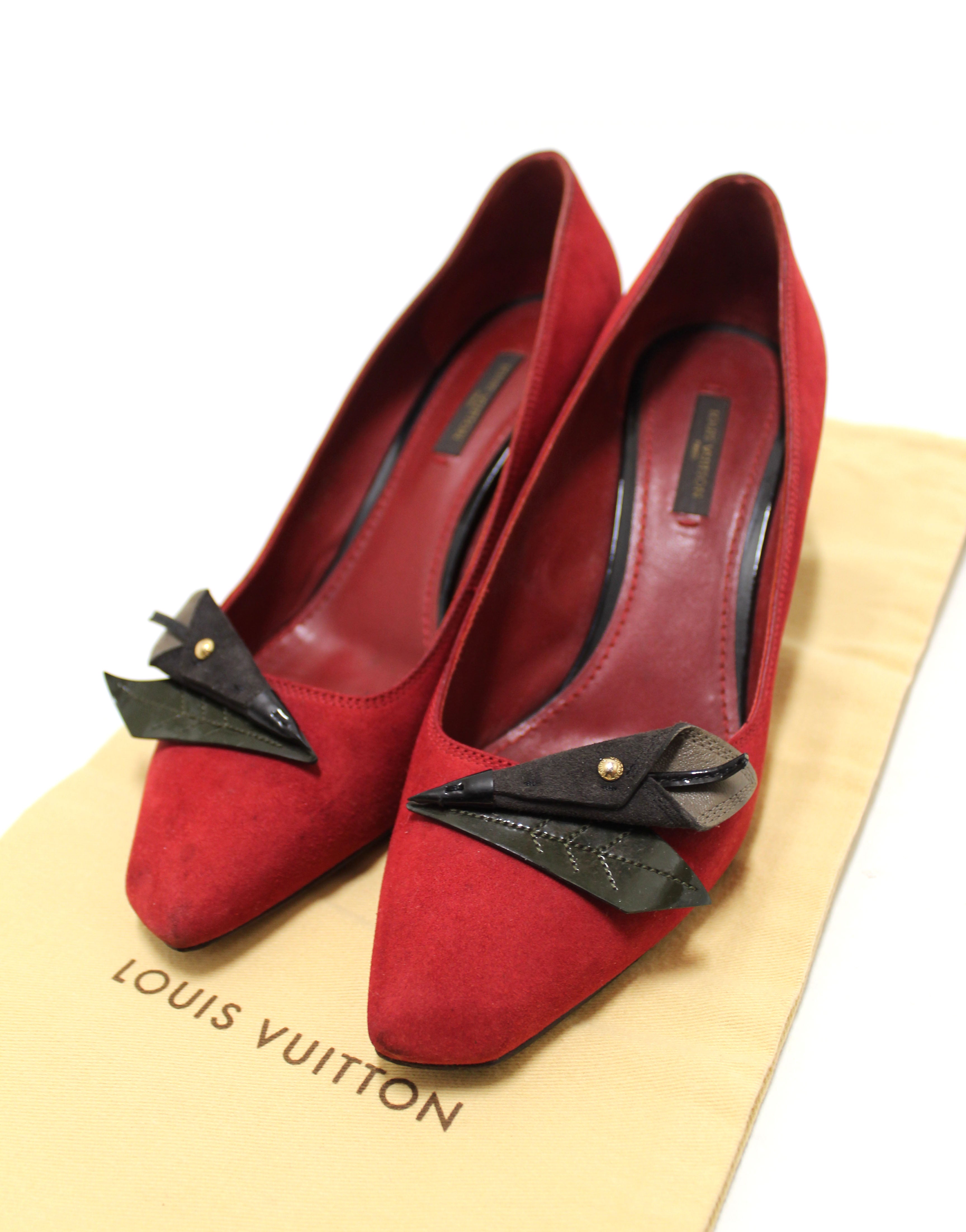 Authentic Louis Vuitton Deep Red Suede Leather Heel Shoes Size 38