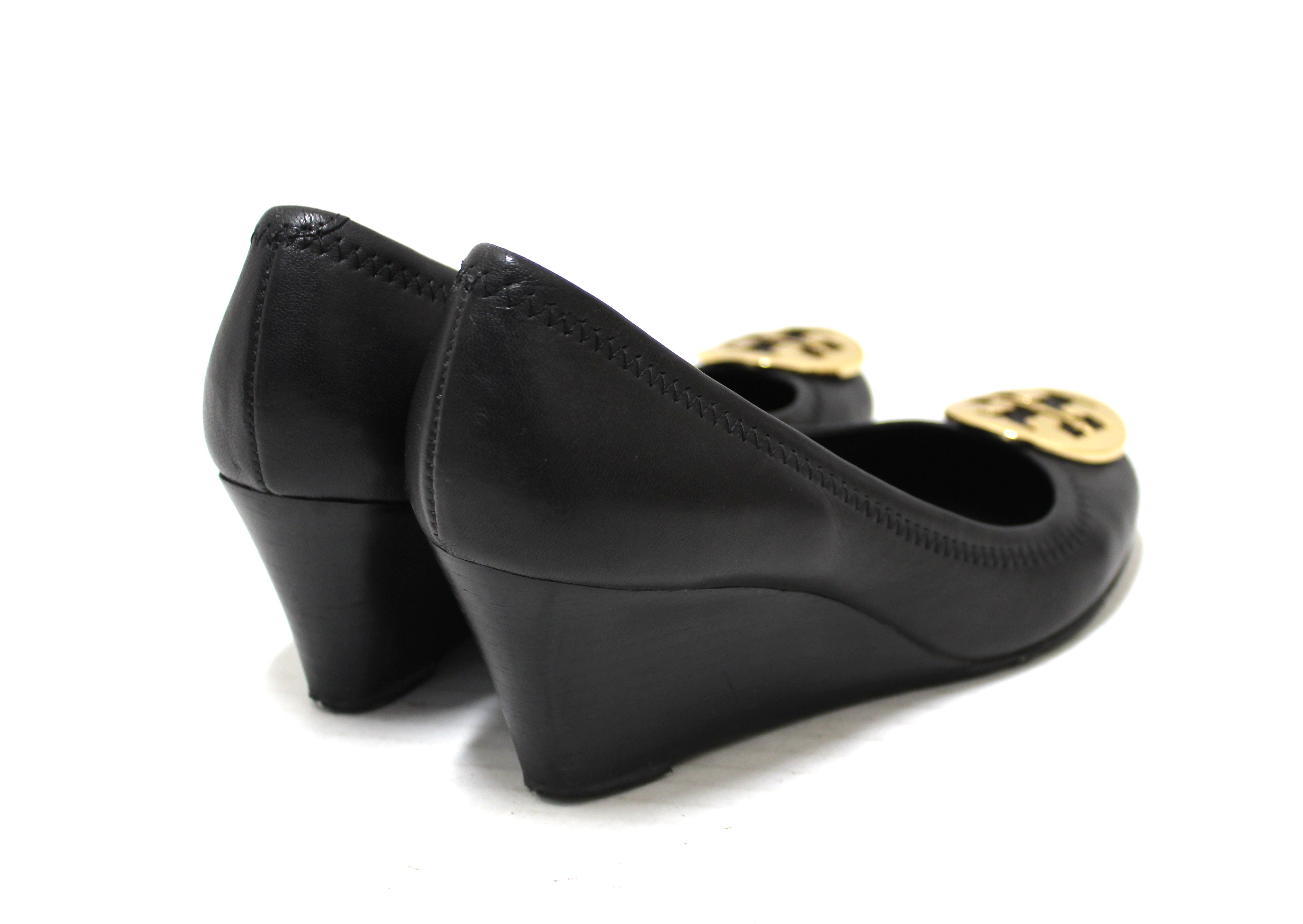 Authentic Tory Burch Black Leather Sally Wedge Size 6