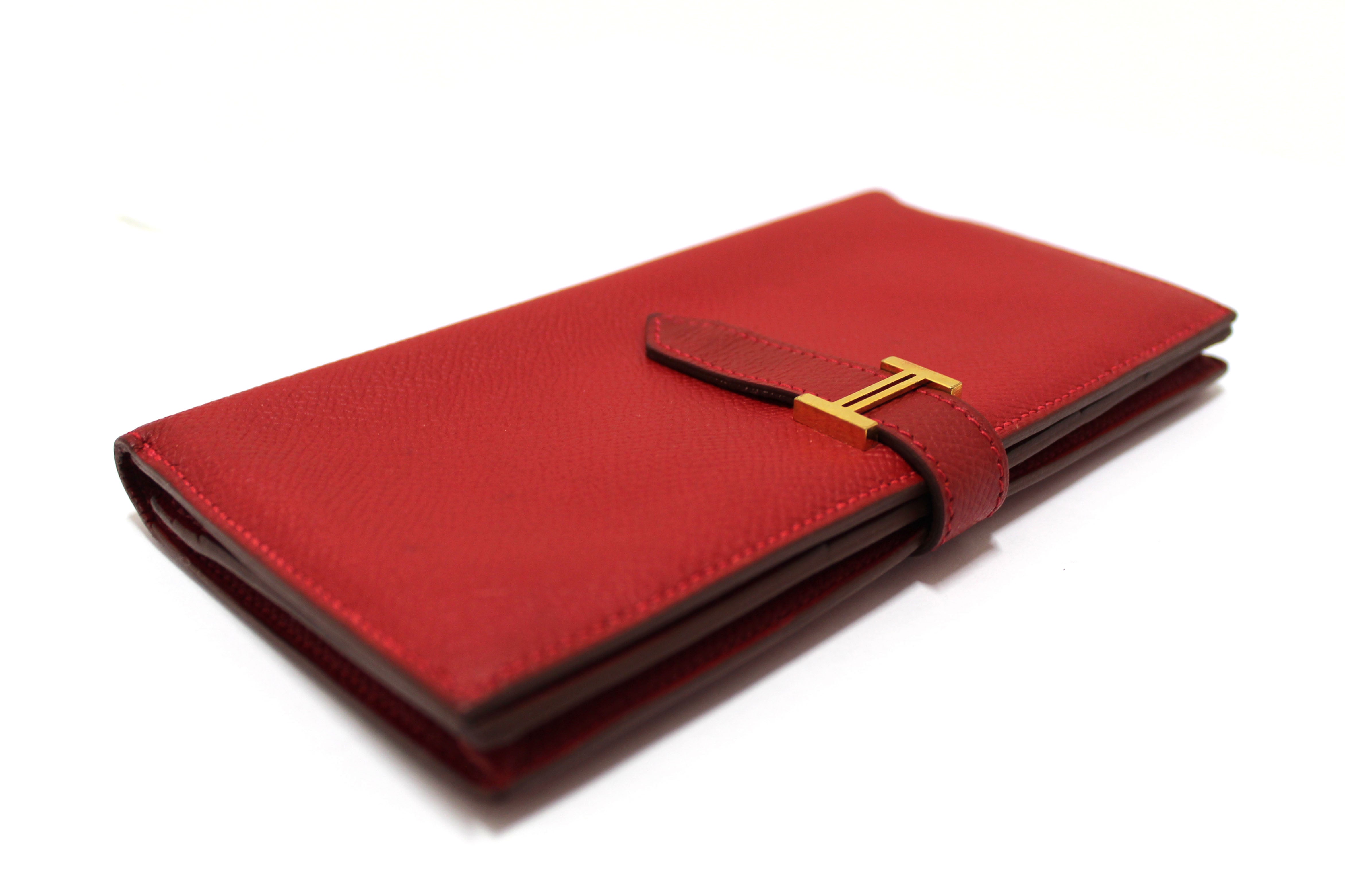 Authentic Hermes Darke Red Chevre Leather Bearn Long Bifold Wallet