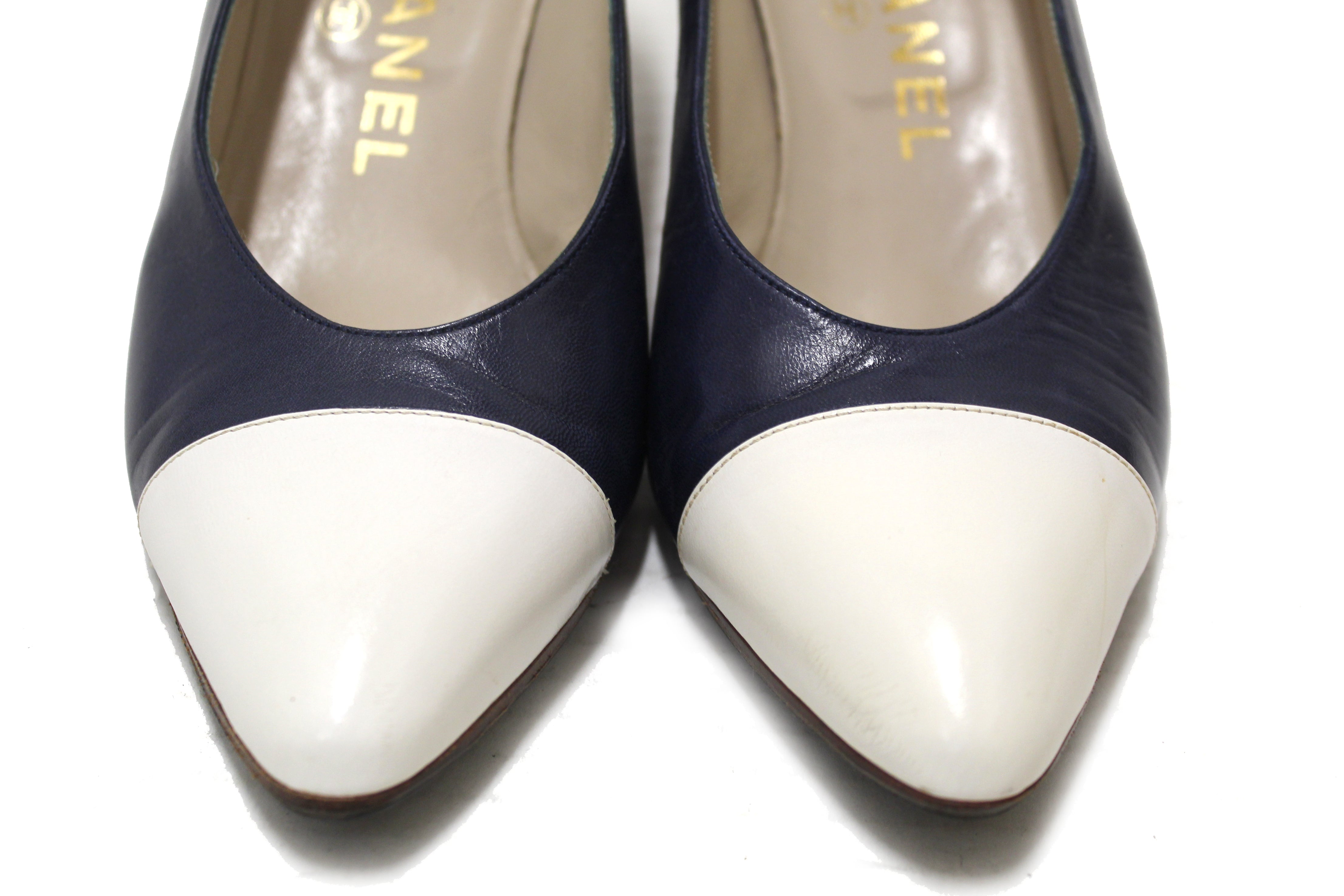Authentic Chanel Navy and White Leather Pointed Heel size 35.5