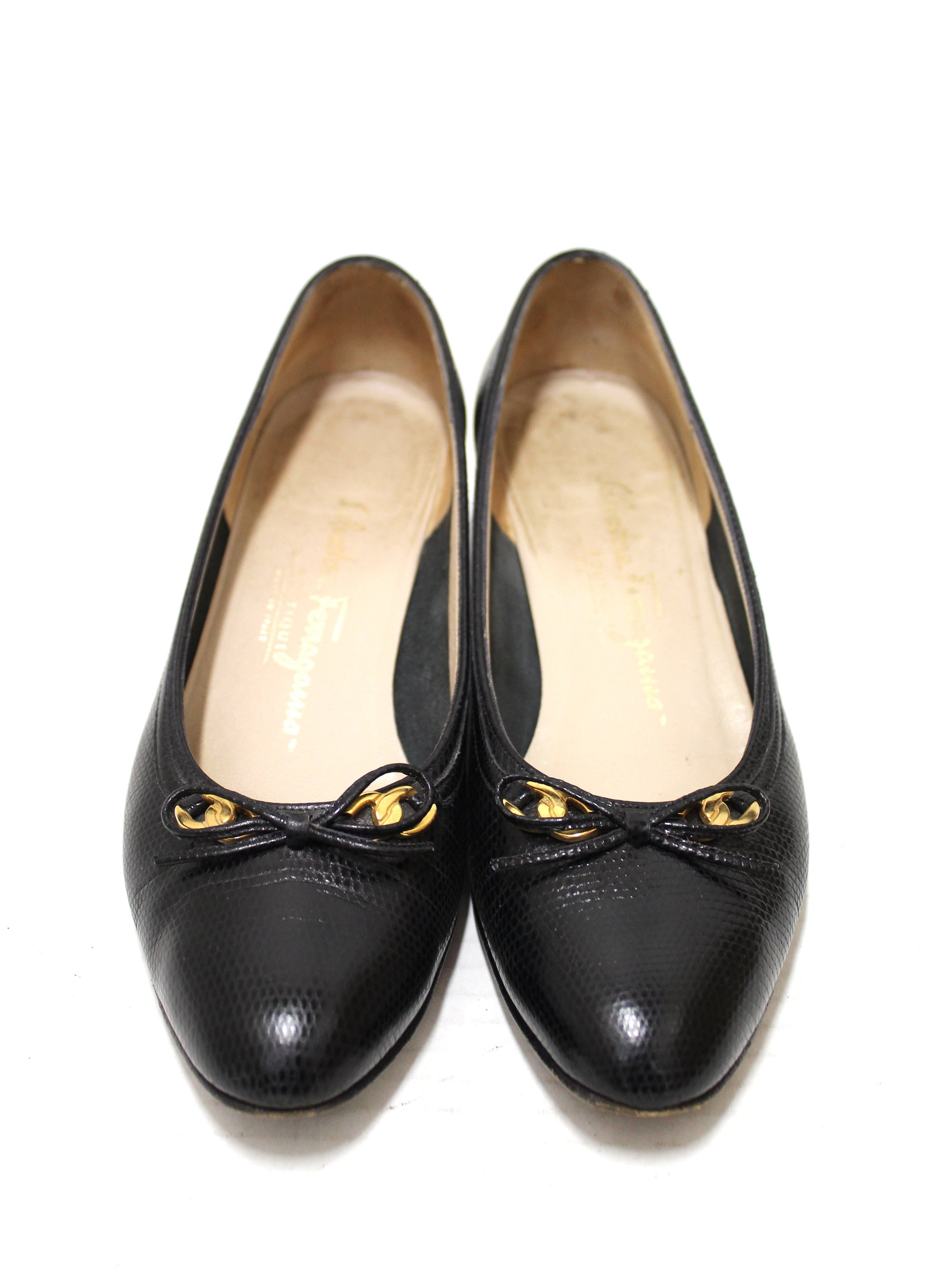 Authentic Salvatore Ferragamo Black Snakeskin Embossed Leather Pumps Size 6.5