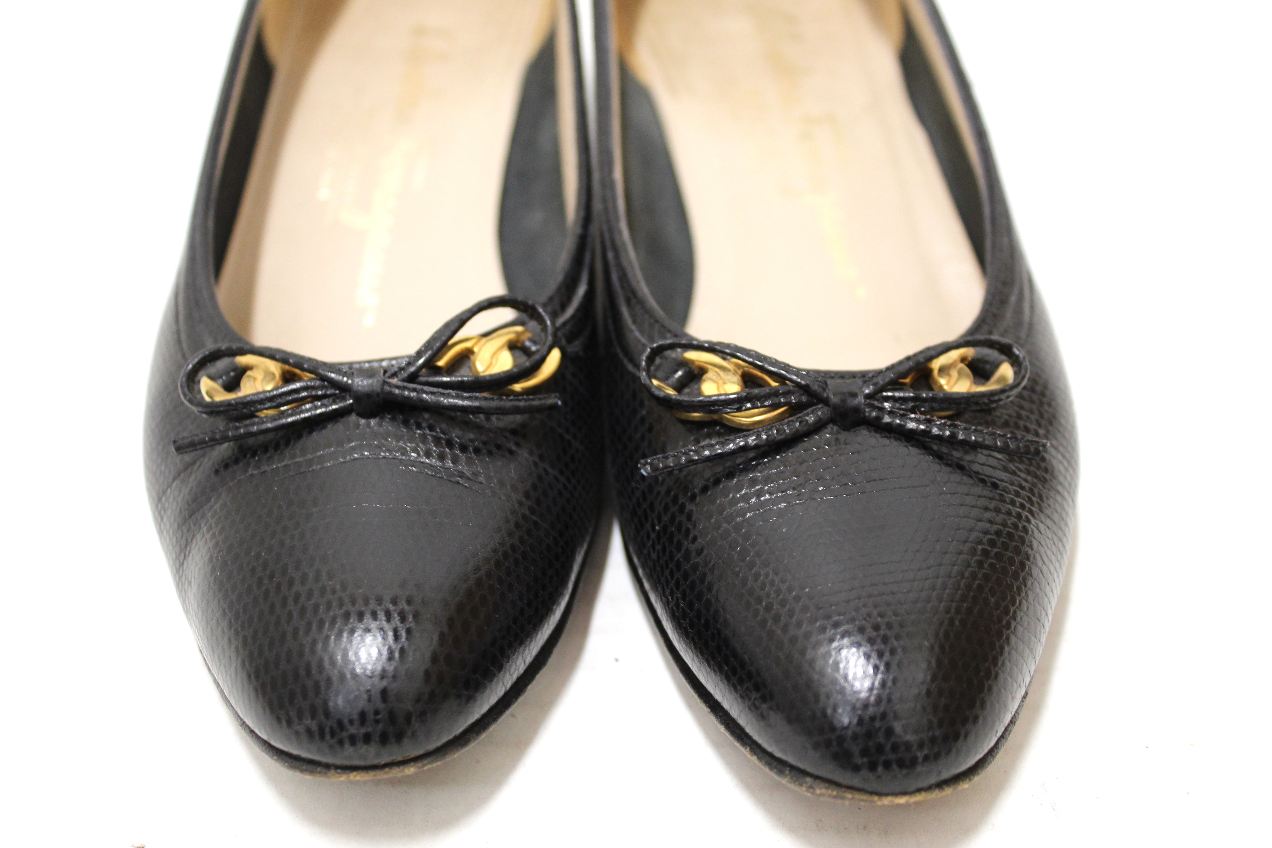 Authentic Salvatore Ferragamo Black Snakeskin Embossed Leather Pumps Size 6.5