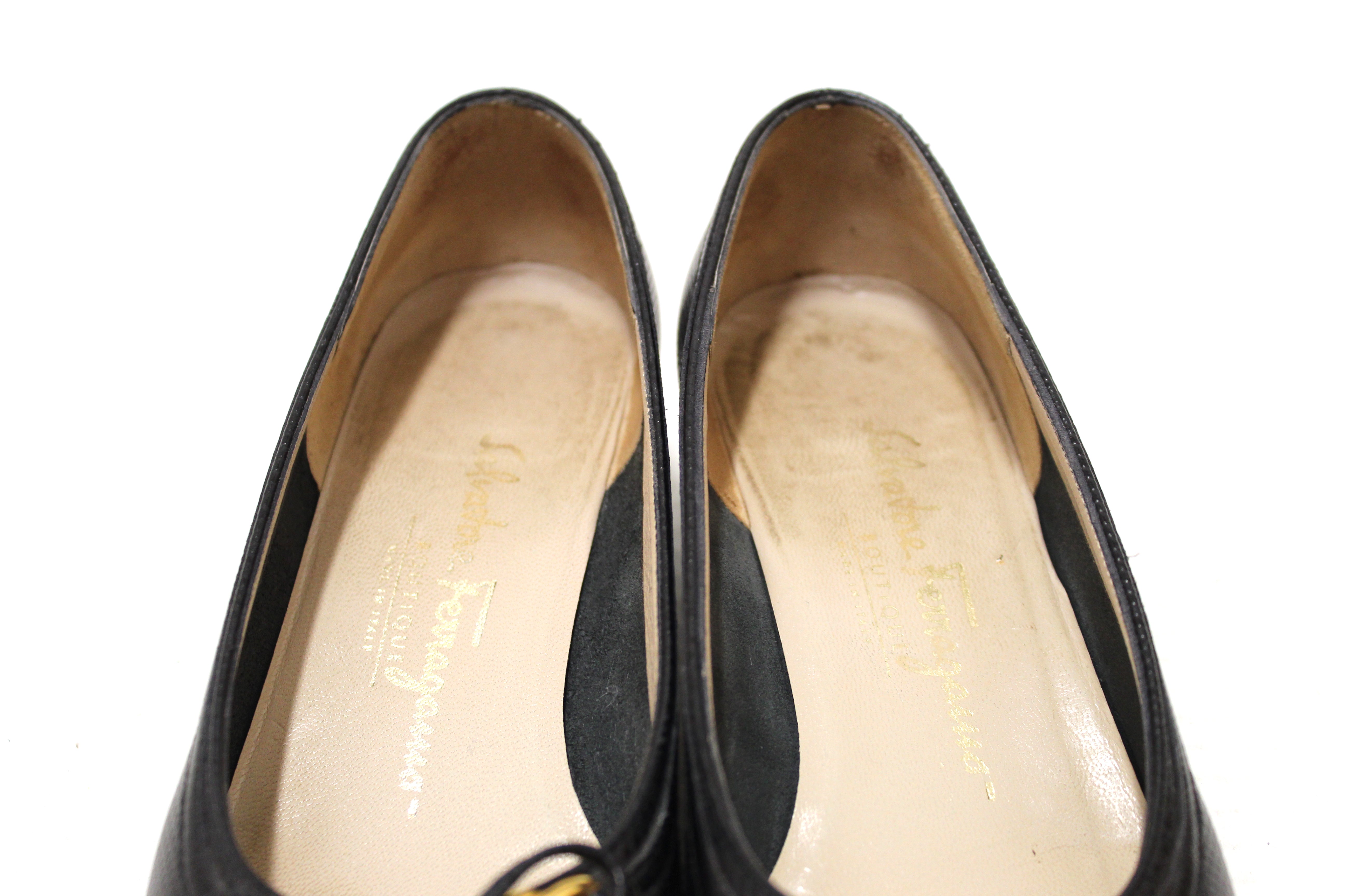 Authentic Salvatore Ferragamo Black Snakeskin Embossed Leather Pumps Size 6.5