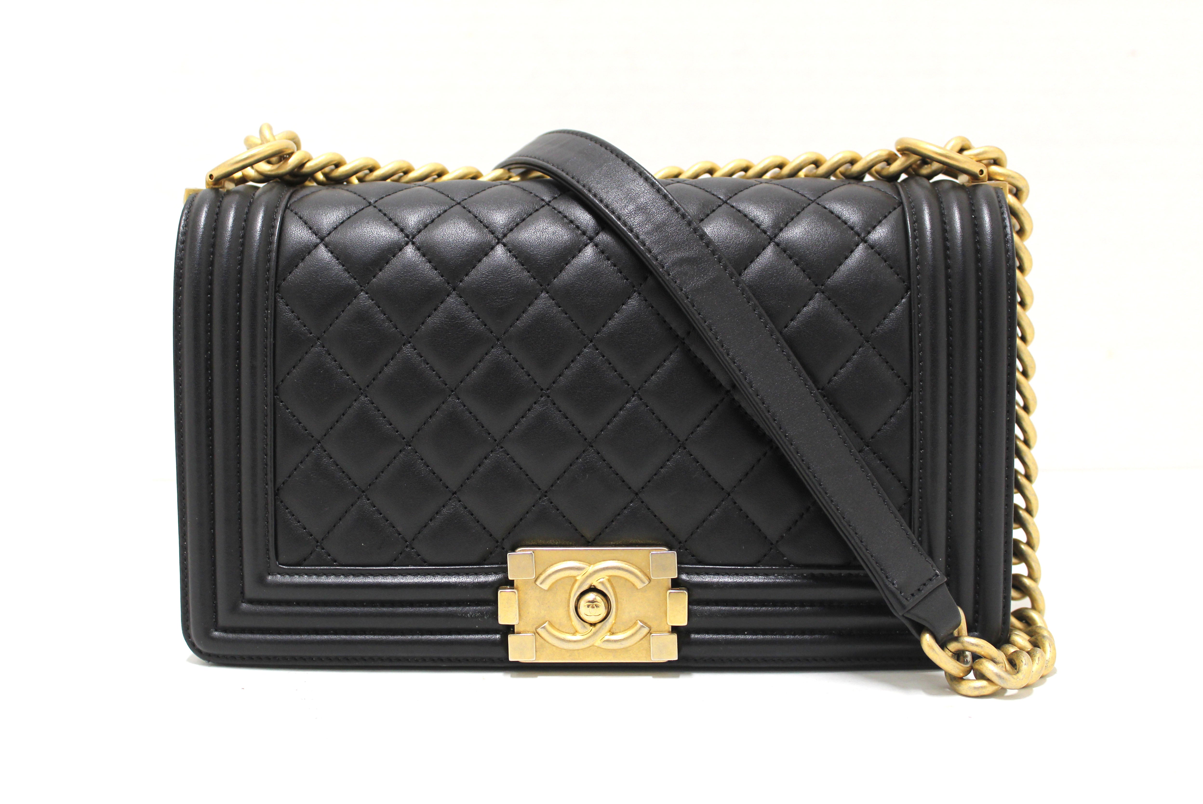 Authentic Chanel Black Quilted Lambskin Leather Medium Boy Shoulder Bag