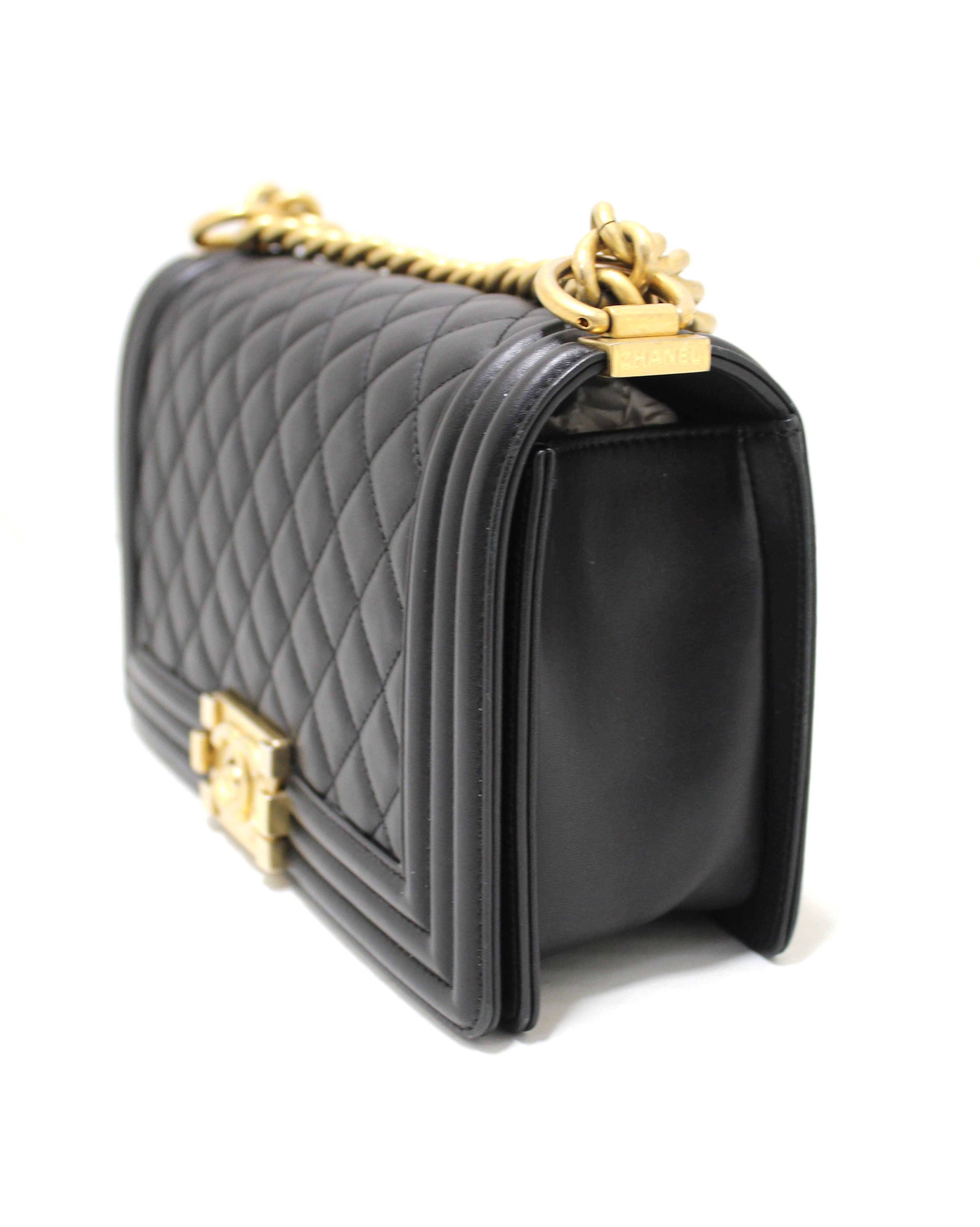 Authentic Chanel Black Quilted Lambskin Leather Medium Boy Shoulder Bag