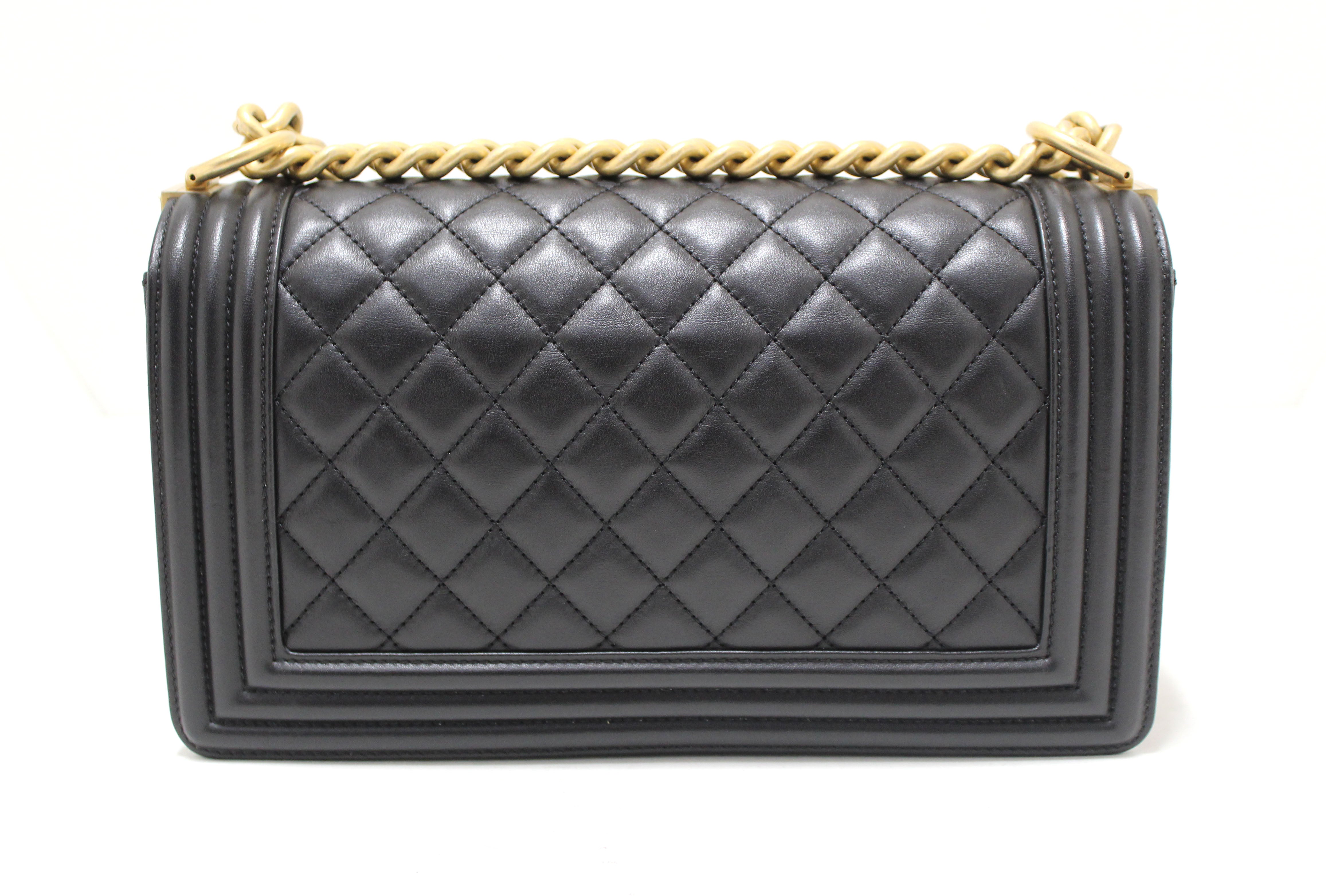 Authentic Chanel Black Quilted Lambskin Leather Medium Boy Shoulder Bag