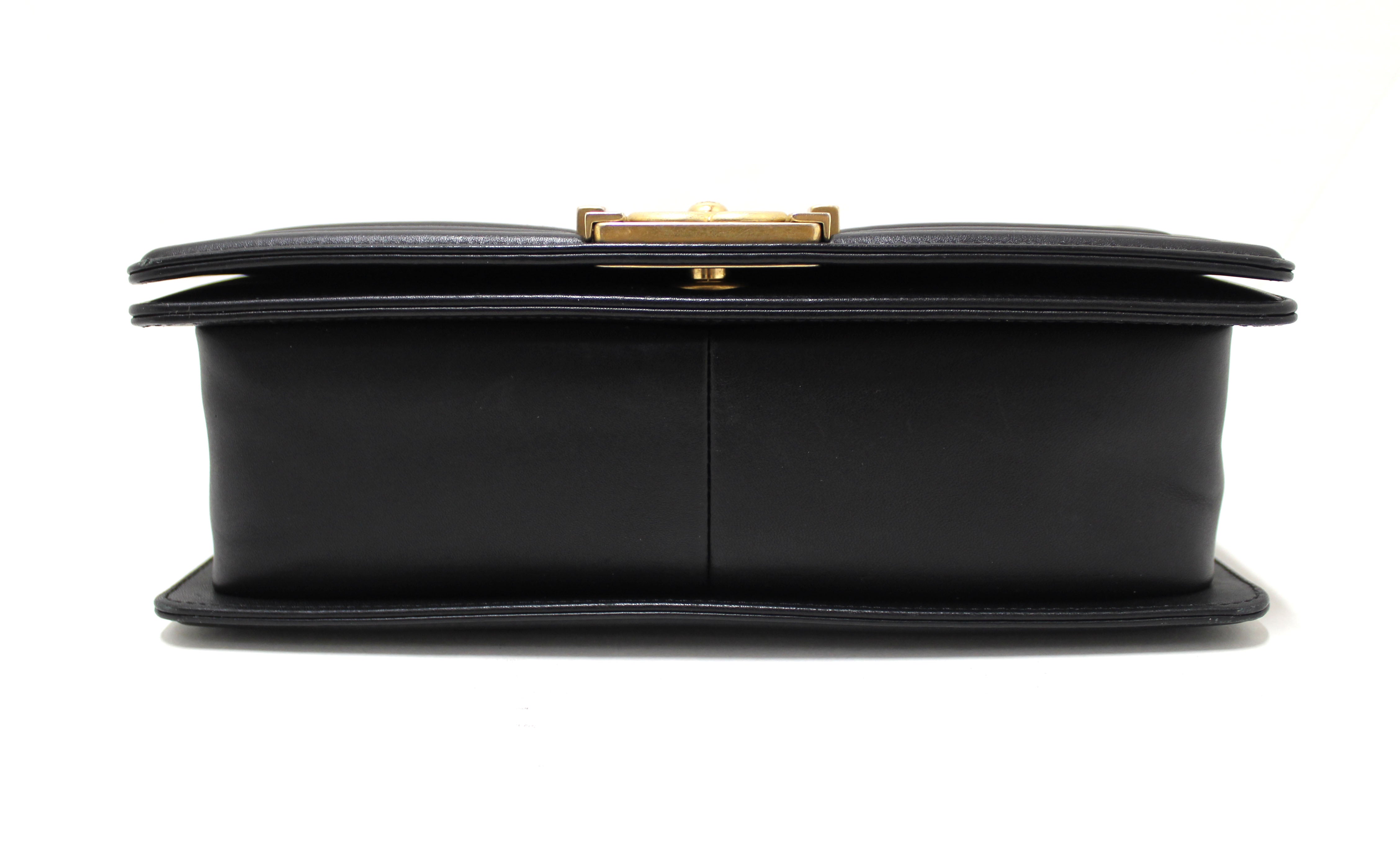 Authentic Chanel Black Quilted Lambskin Leather Medium Boy Shoulder Bag