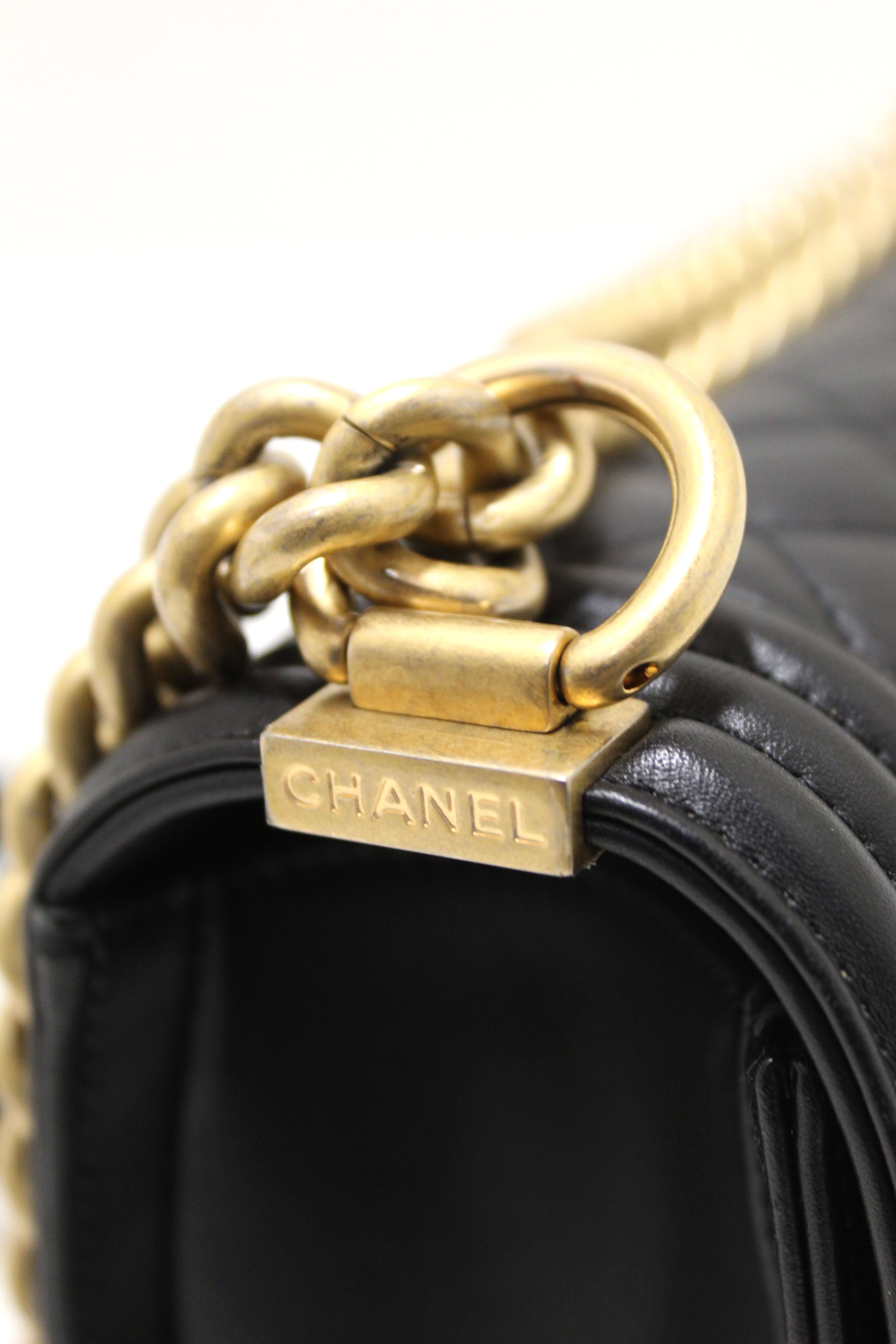 Authentic Chanel Black Quilted Lambskin Leather Medium Boy Shoulder Bag