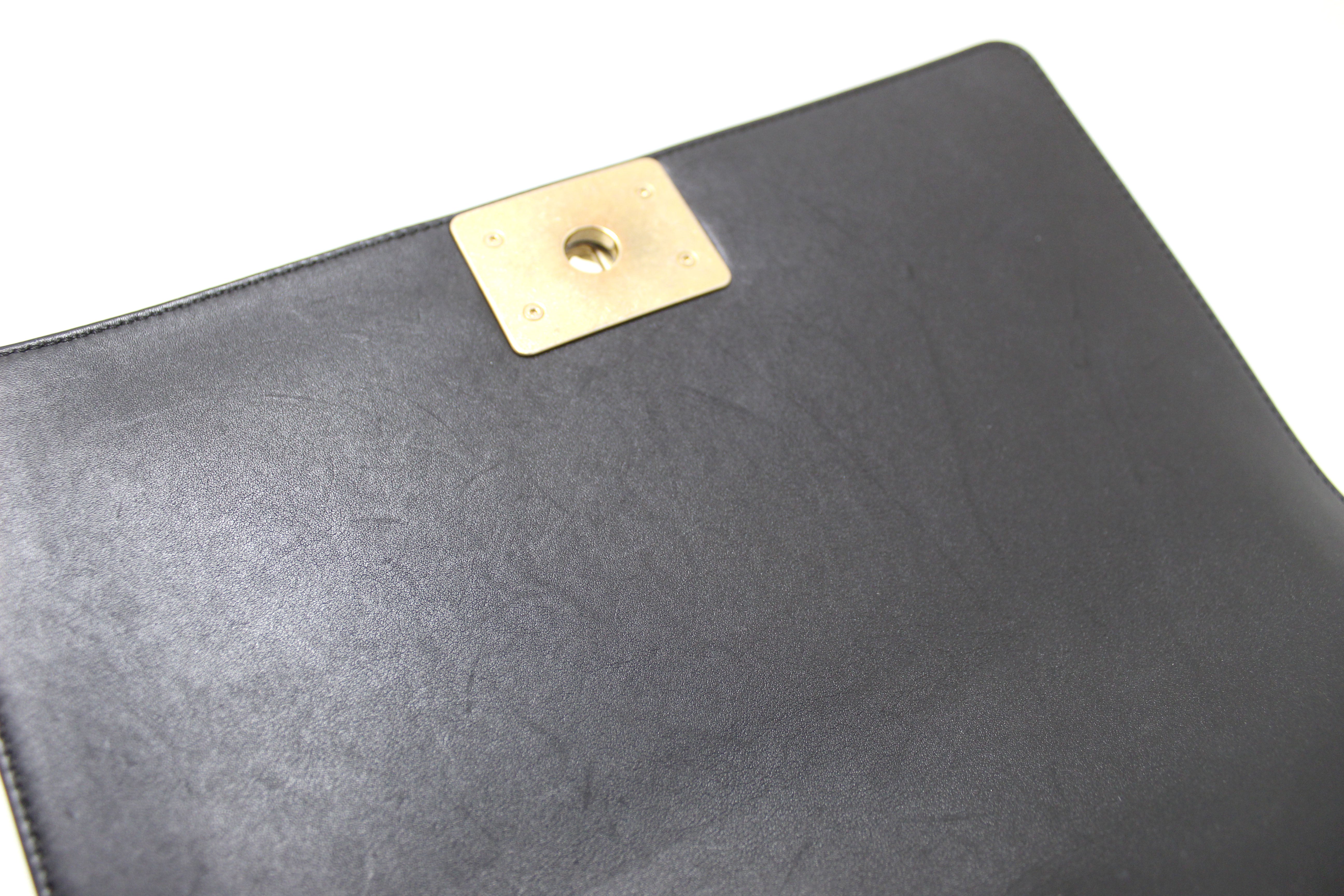 Authentic Chanel Black Quilted Lambskin Leather Medium Boy Shoulder Bag