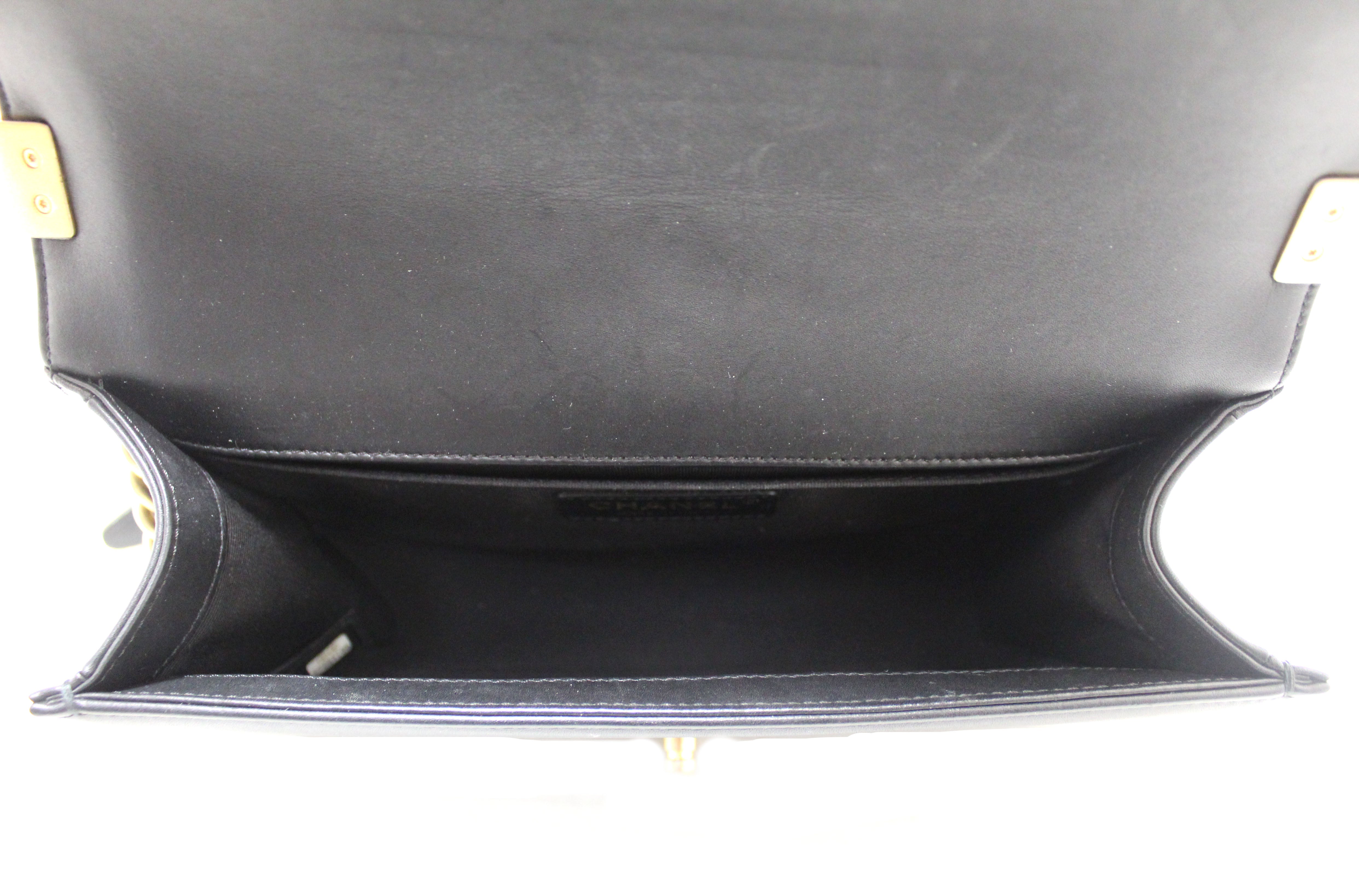 Authentic Chanel Black Quilted Lambskin Leather Medium Boy Shoulder Bag