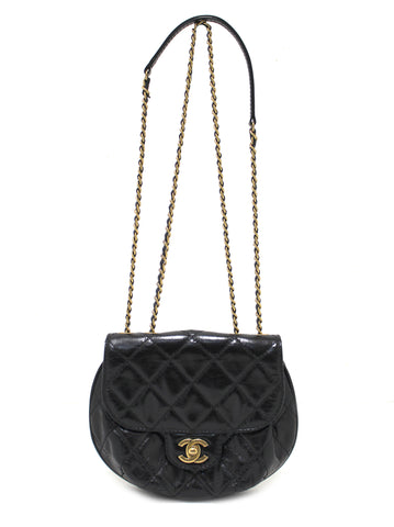 Authentic Chanel Black Aged Calfskin Quilted Mini Haft Moon Bag