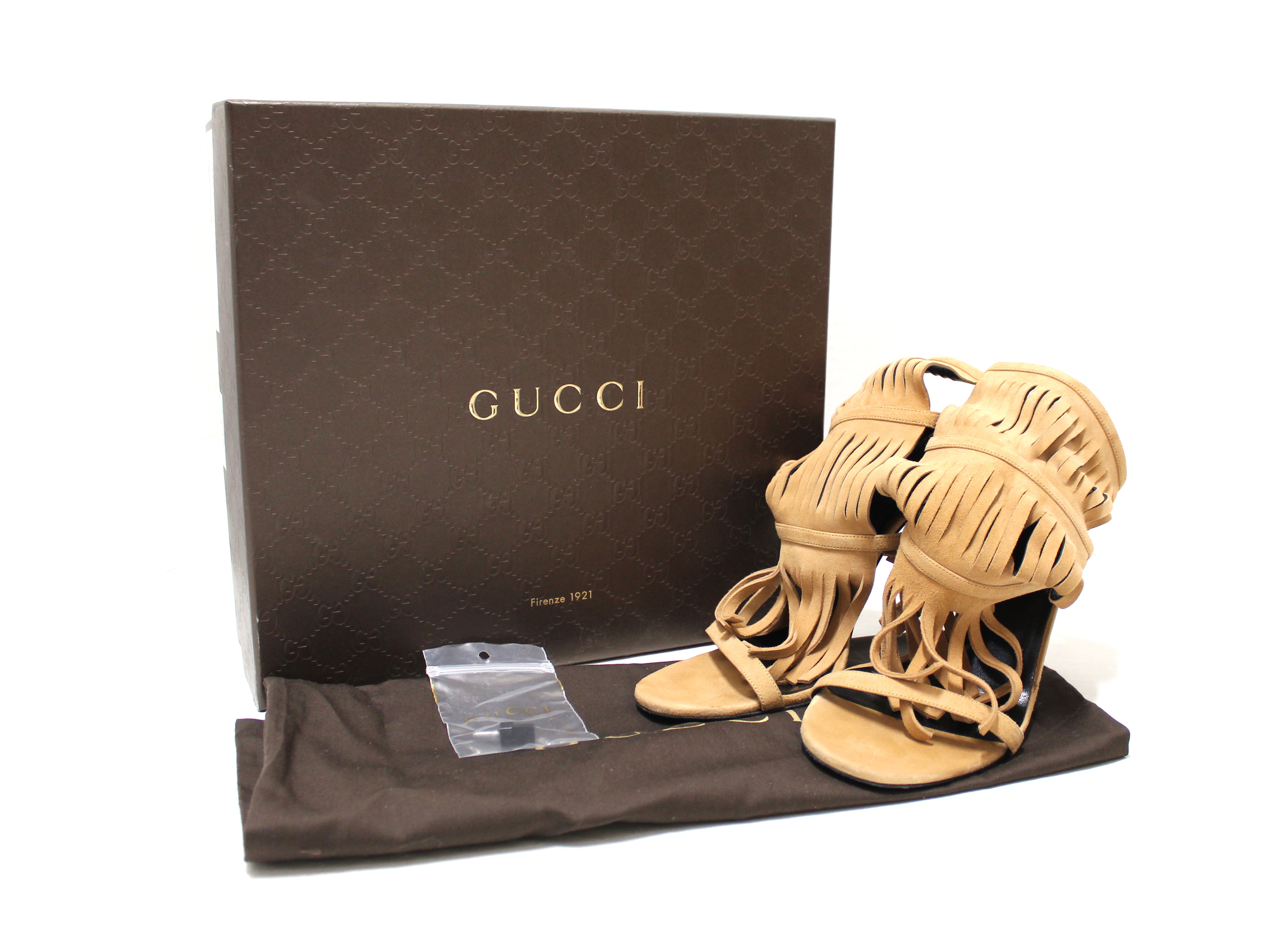 Authentic Gucci Beige Becky Suede Fringe Hi Camelia Heels Size 38