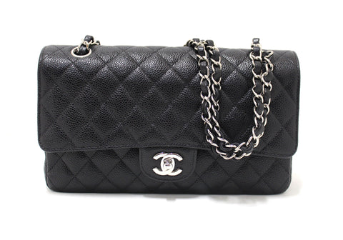 Authentic Chanel Classic Black Quilted Caviar Leather Classic Medium Double Flap Bag