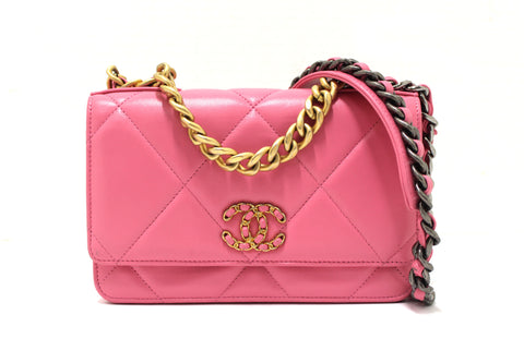 Authentic Chanel 19 Wallet On Chain WOC Pink Lambskin Leather