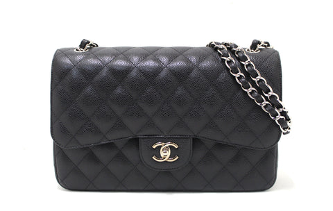 Authentic Chanel Black Quilted Caviar Leather Classic Jumbo Double Flap Bag