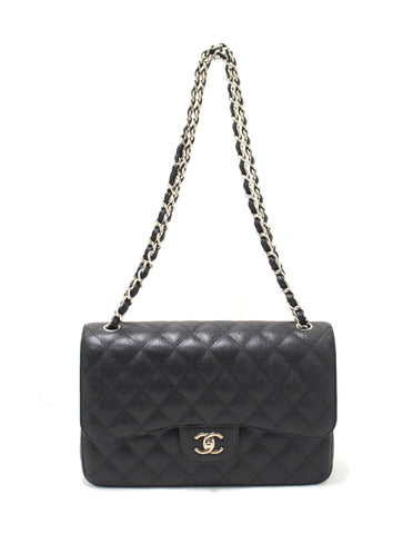 Authentic Chanel Black Quilted Caviar Leather Classic Jumbo Double Flap Bag