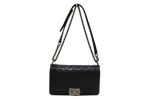 Authentic Chanel Black Quilted Calfskin Old Medium Boy Shoulder Bag