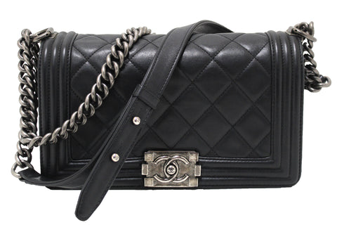 Authentic Chanel Black Quilted Calfskin Old Medium Boy Shoulder Bag