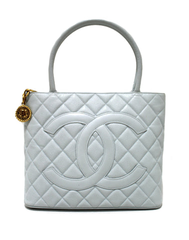 Authentic Chanel Light Blue Caviar Leather Medallion Shoulder Tote Bag