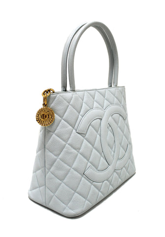 Authentic Chanel Light Blue Caviar Leather Medallion Shoulder Tote Bag