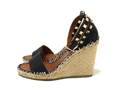 Authentic Valentino Black Leather Rockstud Wedge Heel Sandal Shoes 37