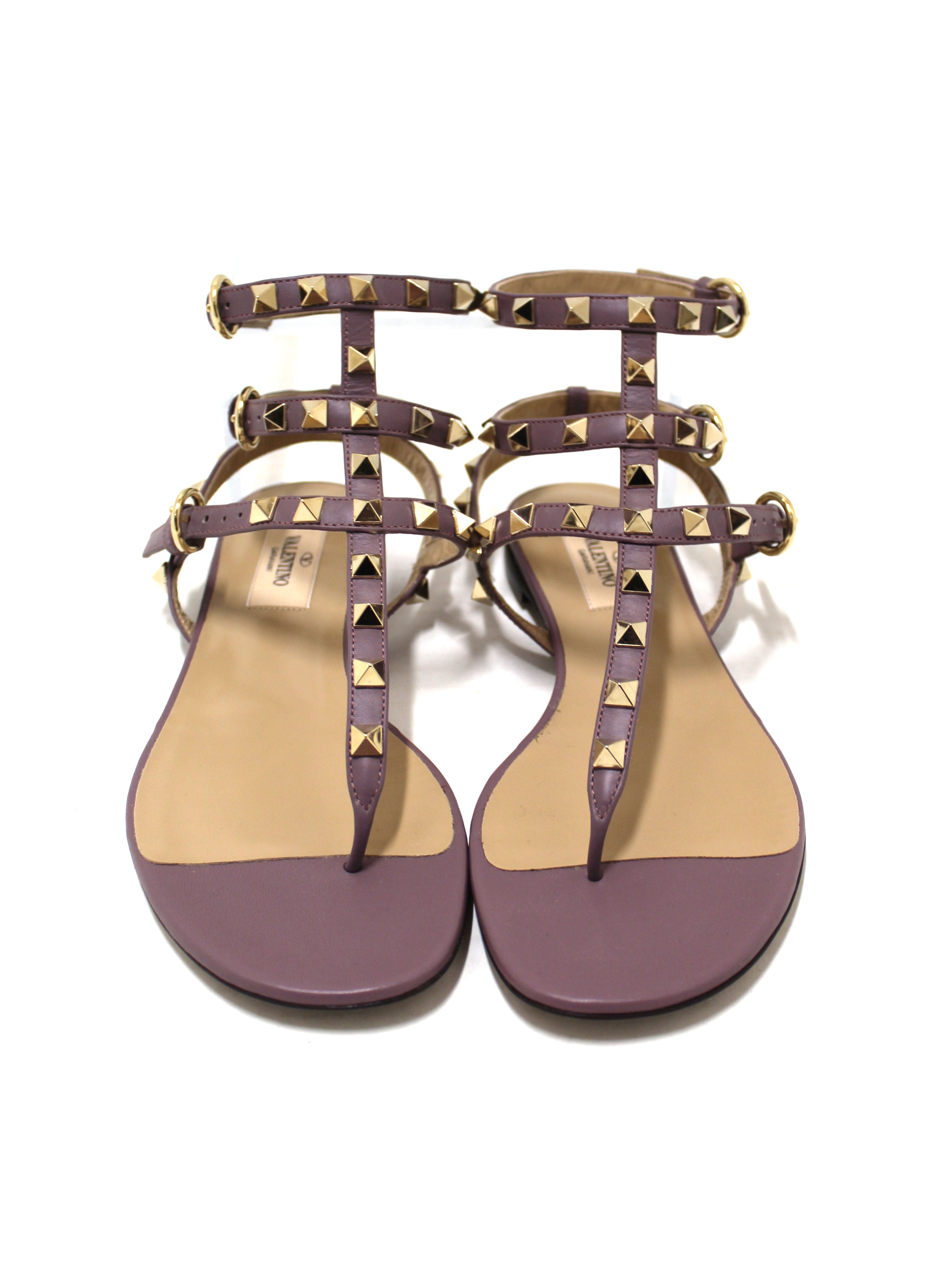 Authentic New Valentino Purple Leather Rockstud Flip Flop Sandal Shoes Size 36