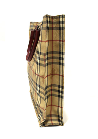 Authentic Burberry Beige Calfskin Grain Check Tote Shopper Bag