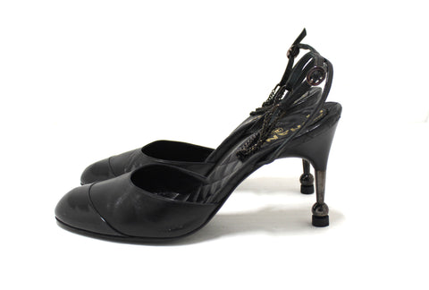 Authentic Chanel Black Leather Quilted Strap Chain Sandal Heel Shoes Size 38