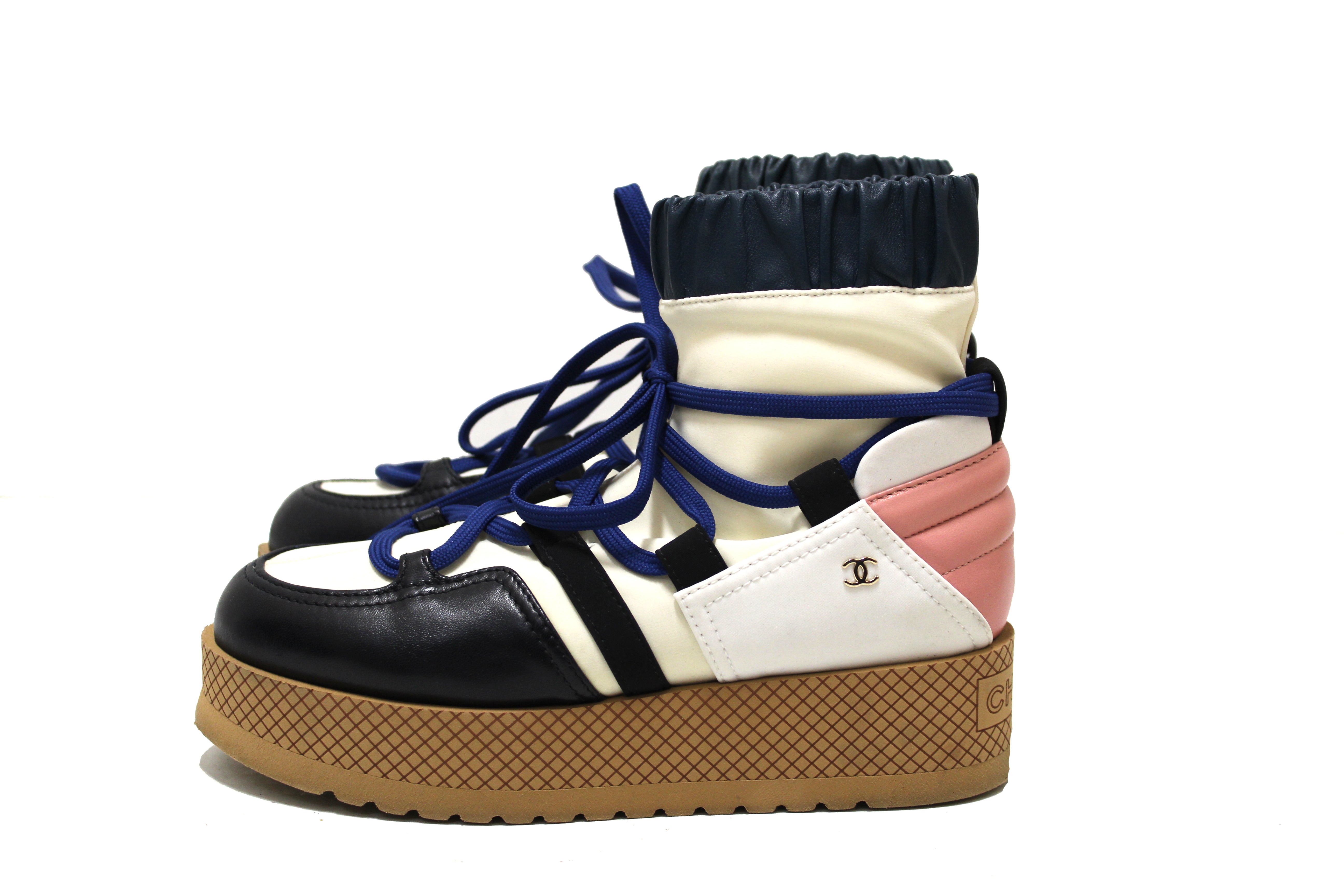Authentic Chanel Lambskin & Mixed Fibers Ivory, Rose, Blue & Black Lace Up Platform Size 35.5 C
