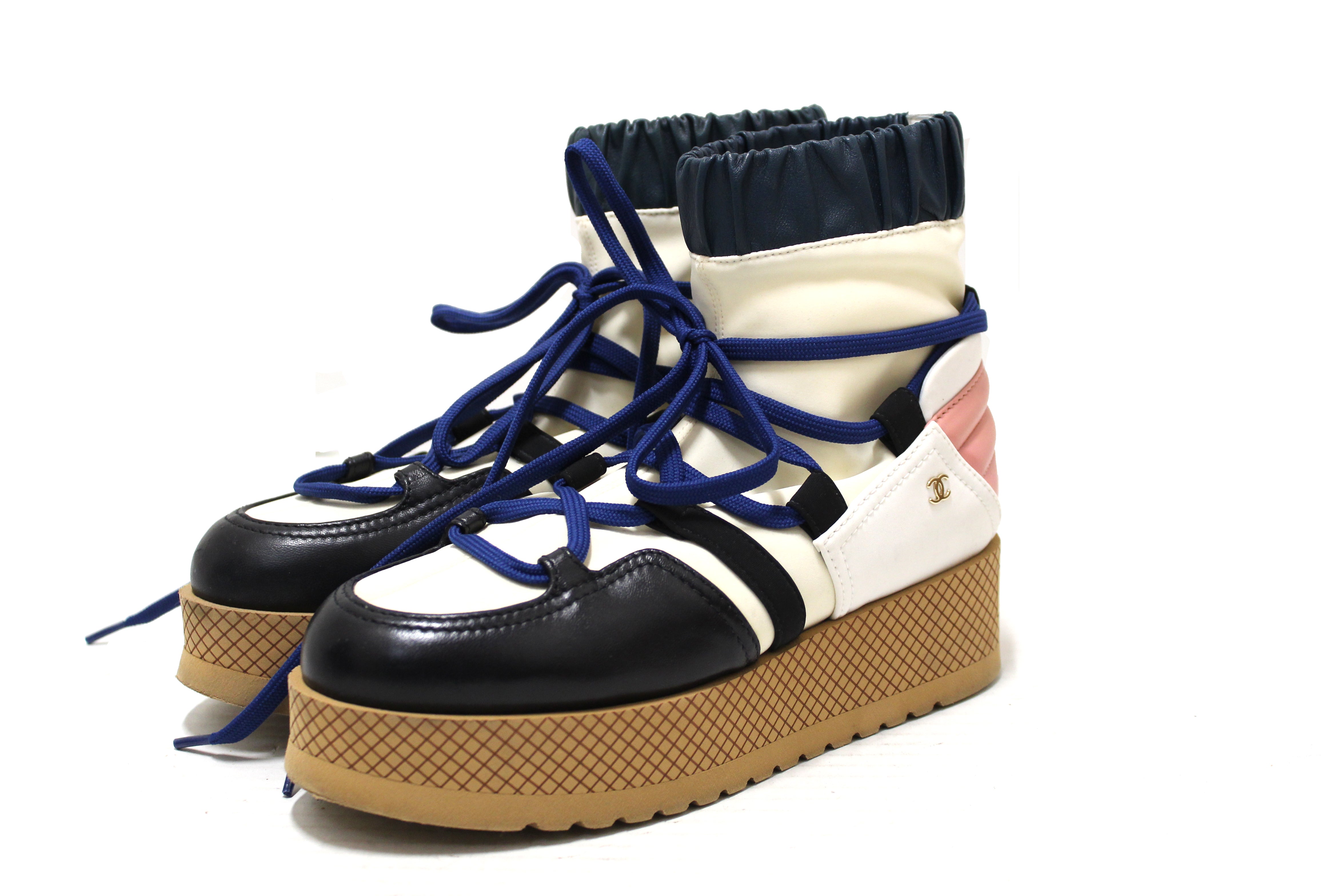 Authentic Chanel Lambskin & Mixed Fibers Ivory, Rose, Blue & Black Lace Up Platform Size 35.5 C