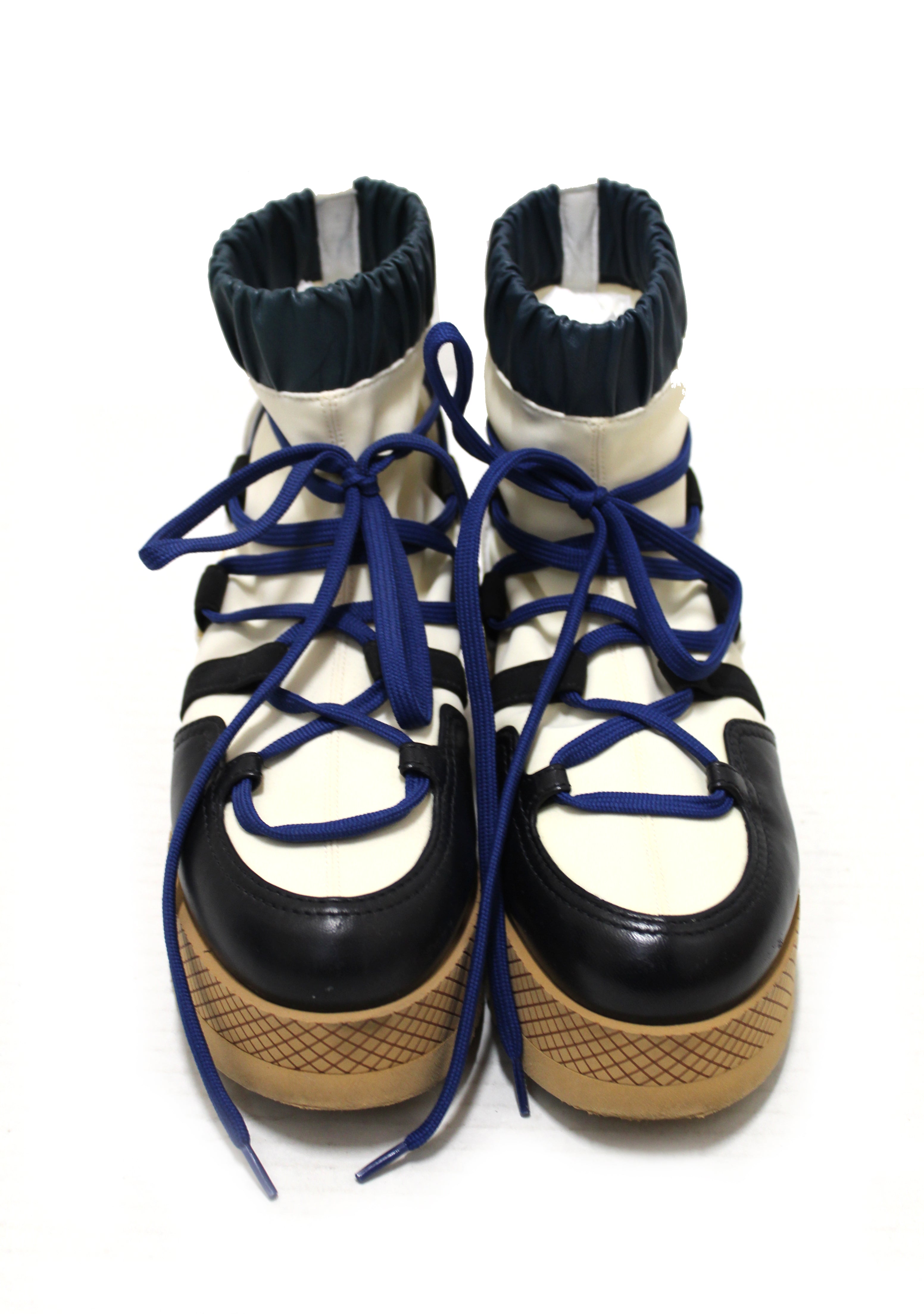 Authentic Chanel Lambskin & Mixed Fibers Ivory, Rose, Blue & Black Lace Up Platform Size 35.5 C
