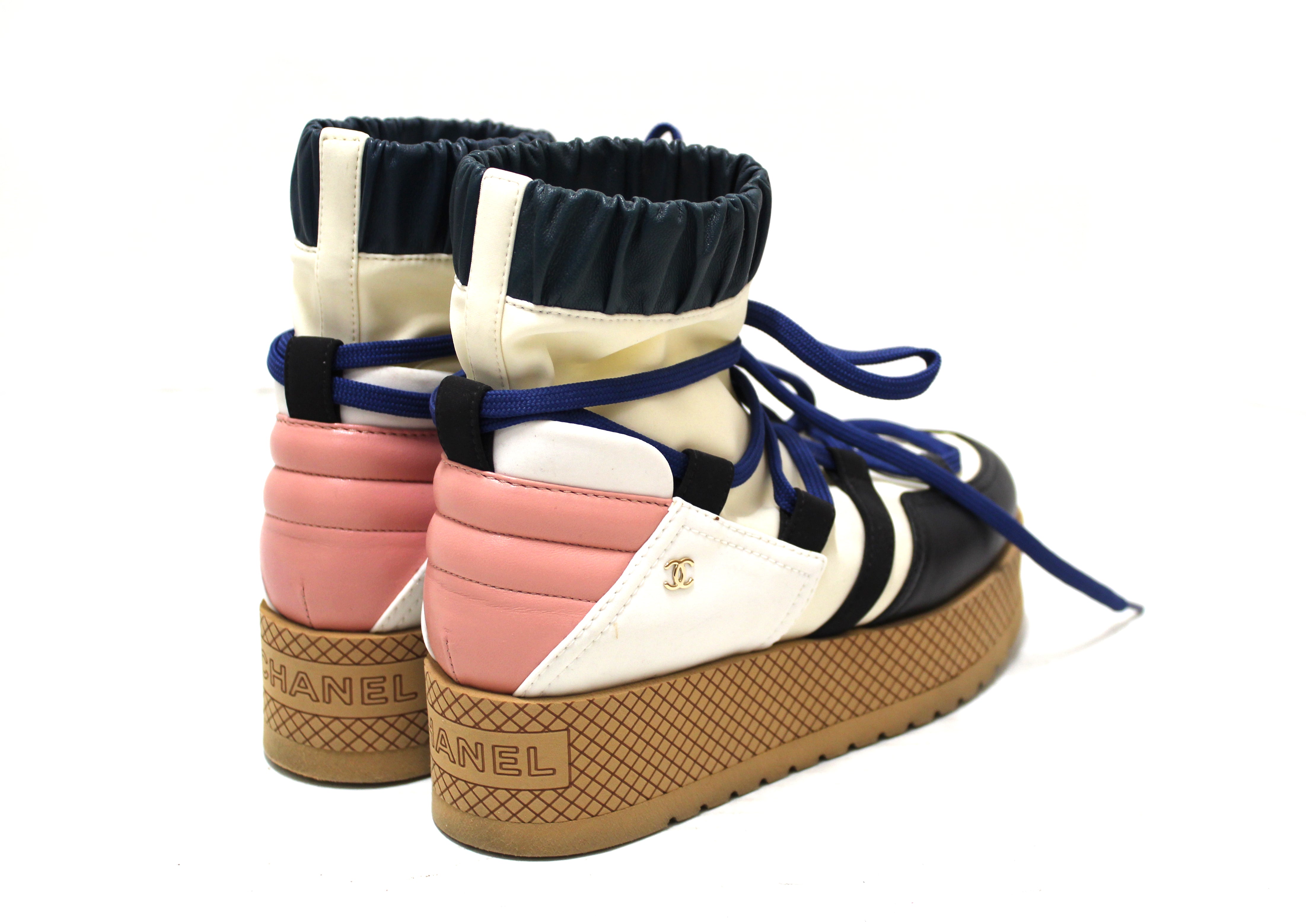 Authentic Chanel Lambskin & Mixed Fibers Ivory, Rose, Blue & Black Lace Up Platform Size 35.5 C