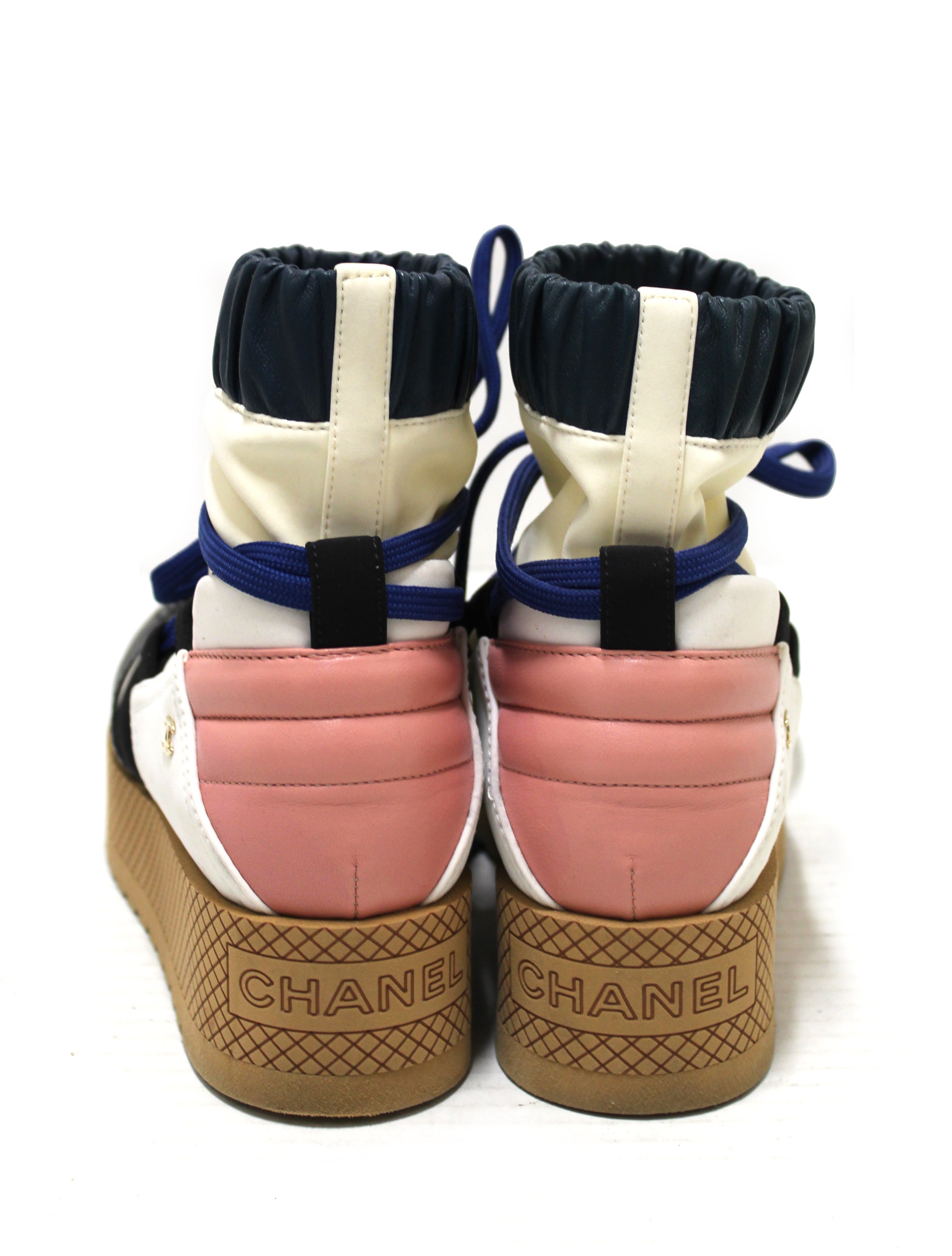 Authentic Chanel Lambskin & Mixed Fibers Ivory, Rose, Blue & Black Lace Up Platform Size 35.5 C
