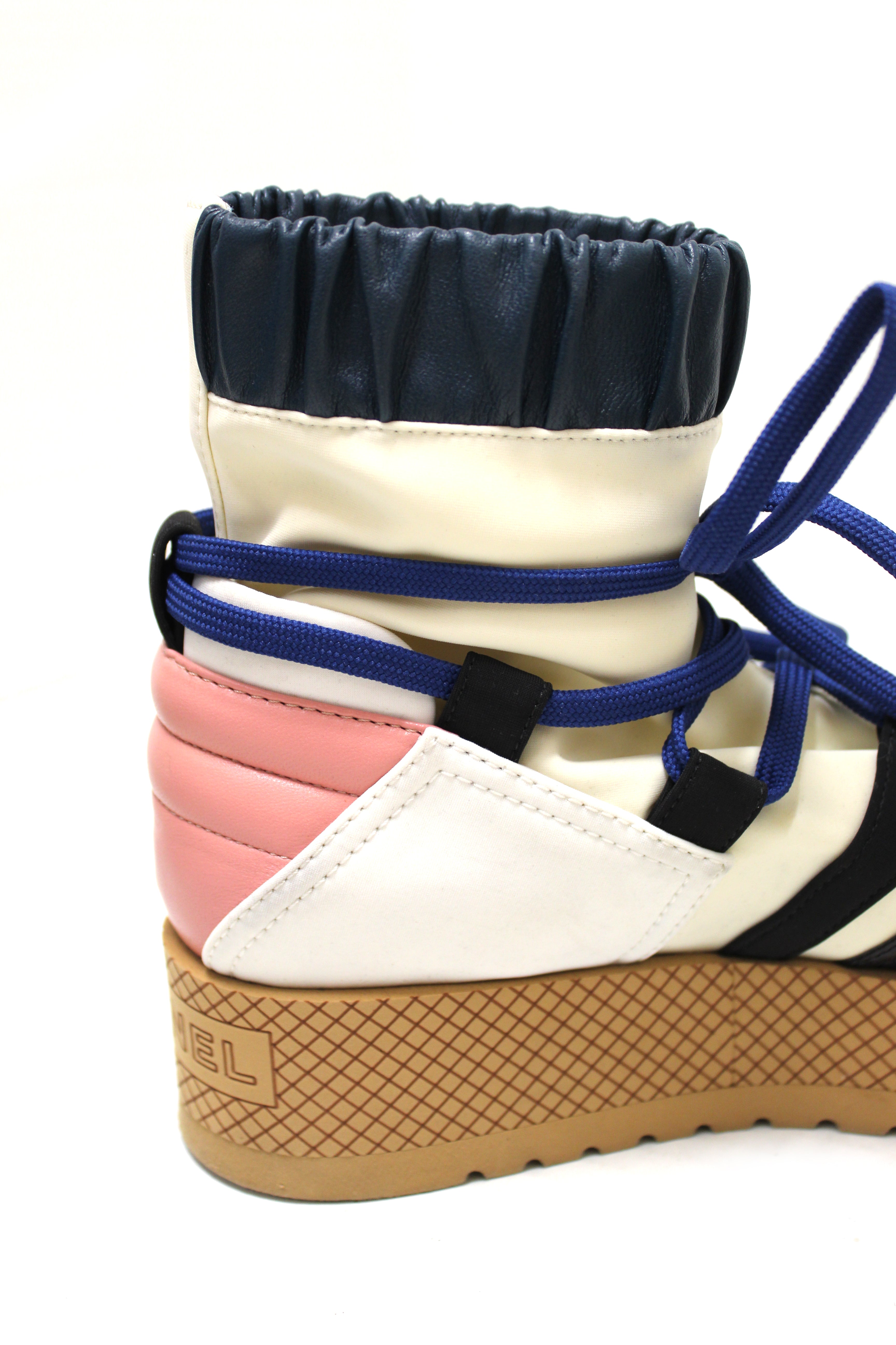 Authentic Chanel Lambskin & Mixed Fibers Ivory, Rose, Blue & Black Lace Up Platform Size 35.5 C