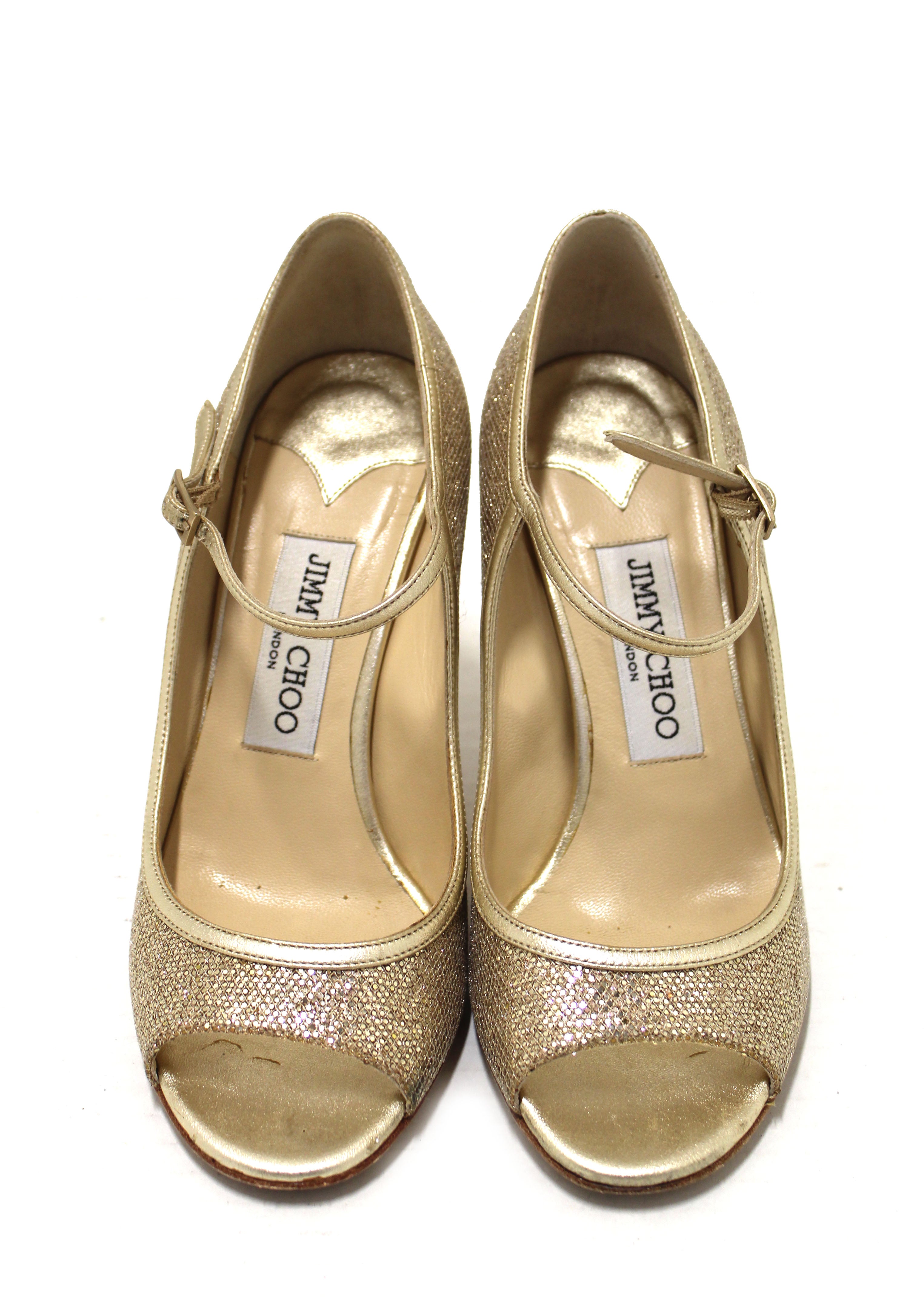 Authentic Jimmy Choo Champagne Gold Glitter Fabric Pump Heel Sandal Size 36.5