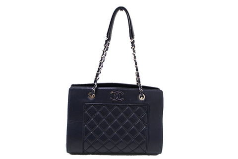 Authentic Chanel Quilted Blue Lambskin Leather Shopper Shoulder Tote Bag