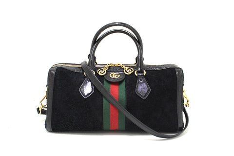Authentic Gucci Black Suede/Patent Leather Medium Ophidia Boston Bag