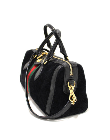 Authentic Gucci Black Suede/Patent Leather Medium Ophidia Boston Bag