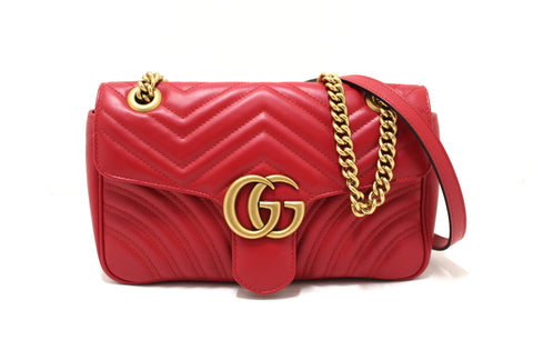 Authentic Gucci GG Red Marmont Small Matelassé Leather Shoulder Bag