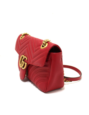 Authentic Gucci GG Red Marmont Small Matelassé Leather Shoulder Bag